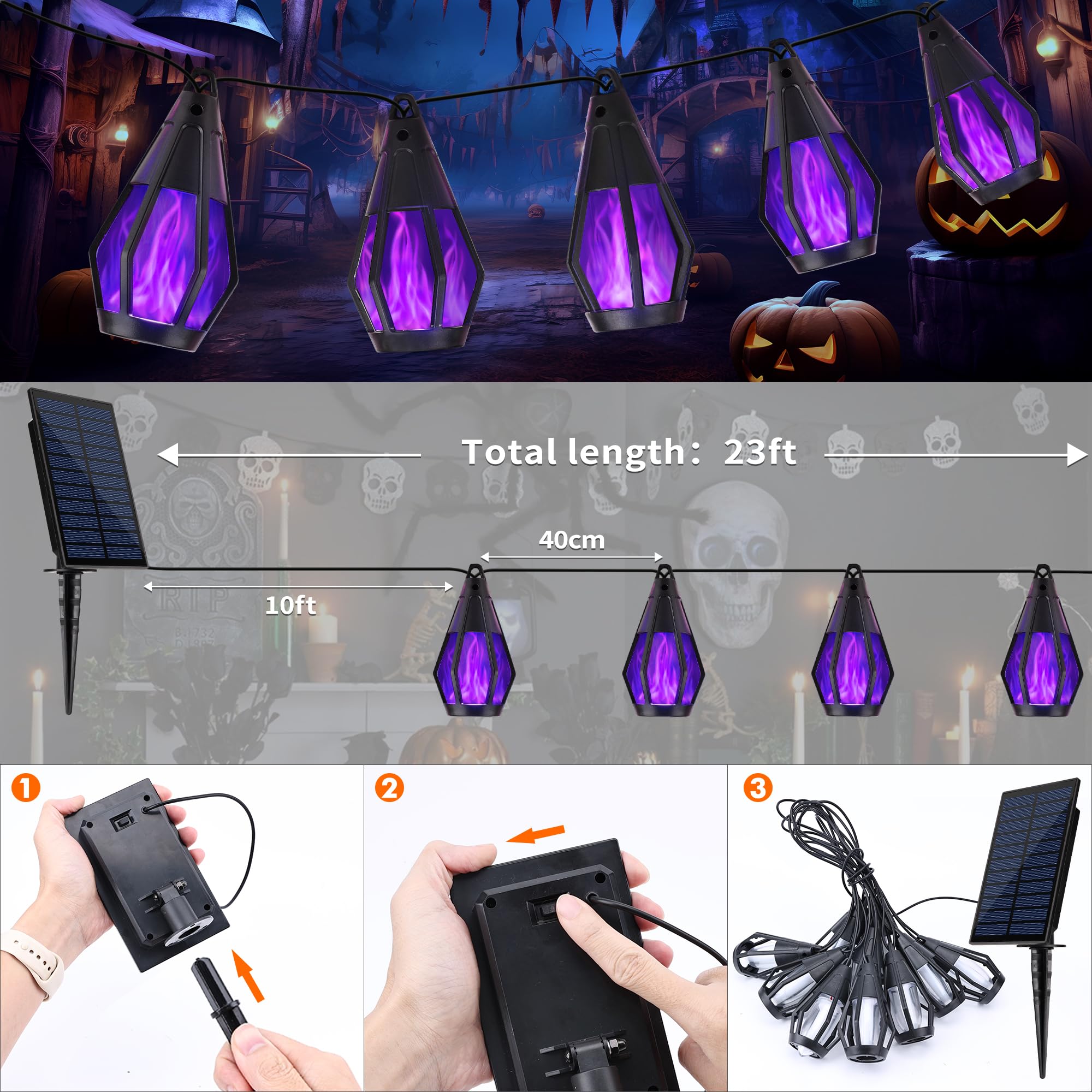Jnaurb Solar Halloween Lights Outdoor, 13Ft Outdoor String Lights With 10 Flickering Flame Bulb, Waterproof Solar Powered Purple Halloween Lights Led Flame Lights For Halloween Decorations Yard Patio Garden