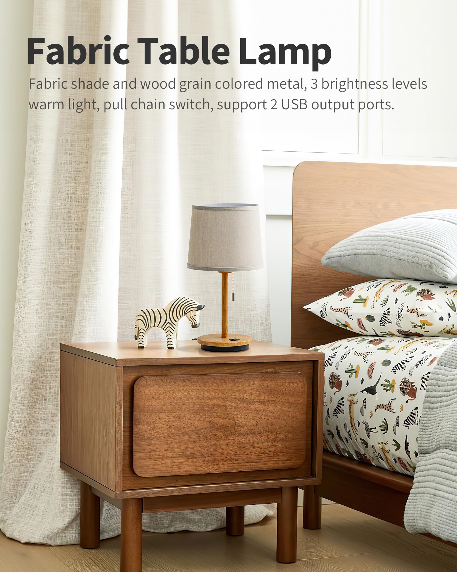 Visdanfo Modern Table Lamp For Bedroom Set Of 2, Desk Lamp With Usb Port, Fabric Shade 3 Brightness Levels Nightstand Lamps For Living Room, Bedside, Study Room, Dorm, Led Bulb Included (Flaxen)