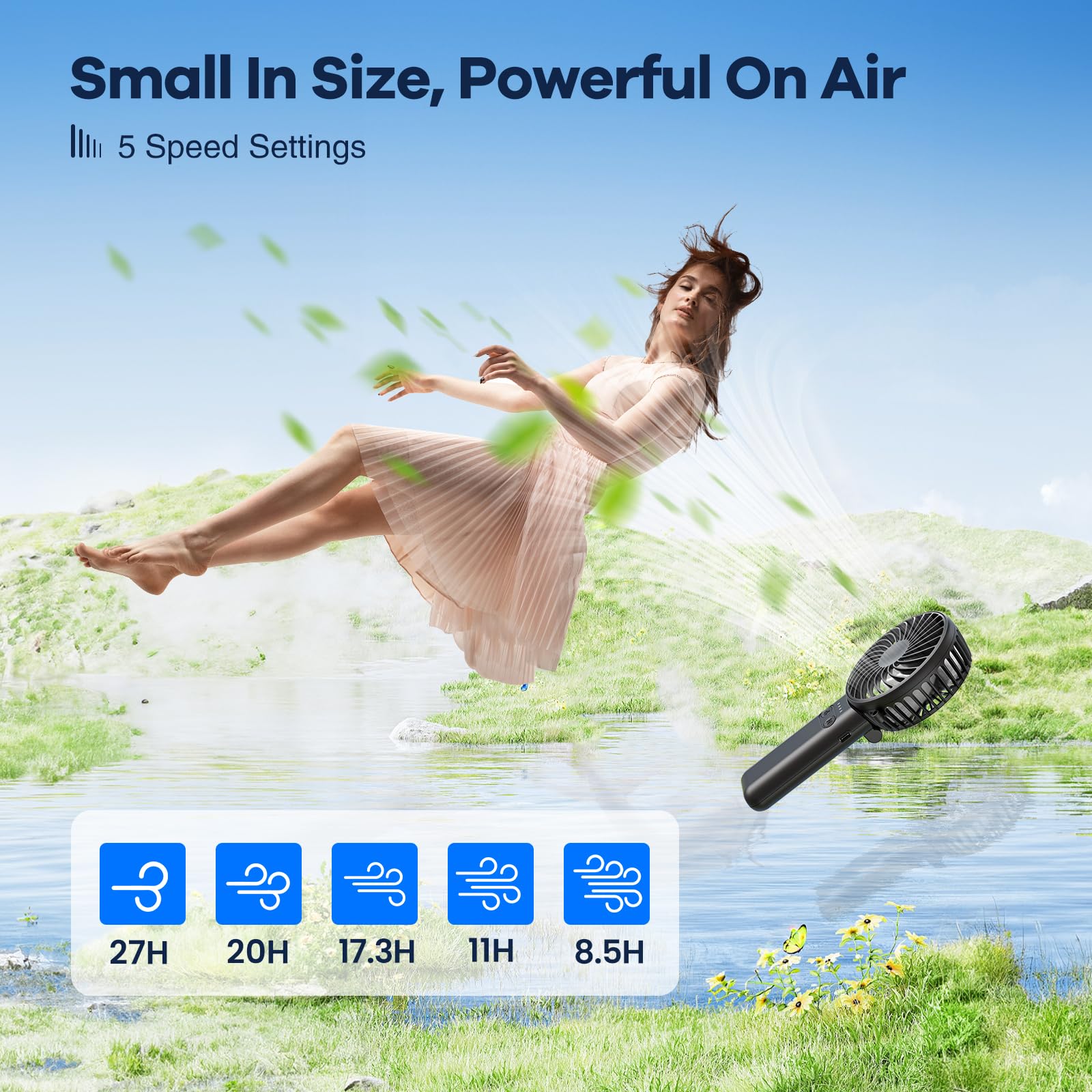Handfan Handheld Fan, 5 Speeds Strong Airflow Hand Fan [Max 27 Working Hours], 180° Foldable Compact
