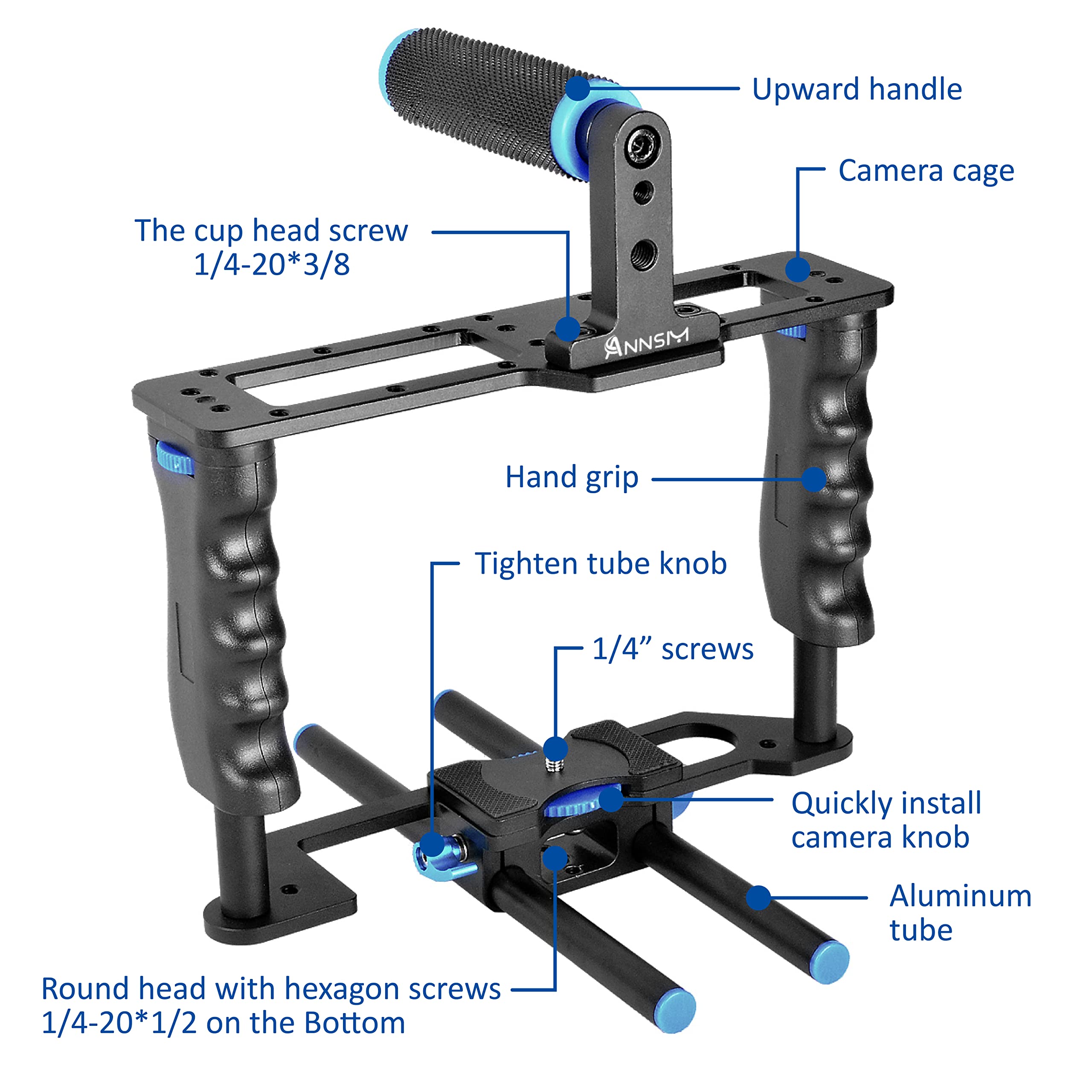 Annsm Camera Cage Aluminum Movie Filmmaking Video Rig With Top Handle/Dual Side Grips/And Std 15Mm Rail Rods For Canon Eos R5C R5 R6 Sony A7 Series A6600 Nikon