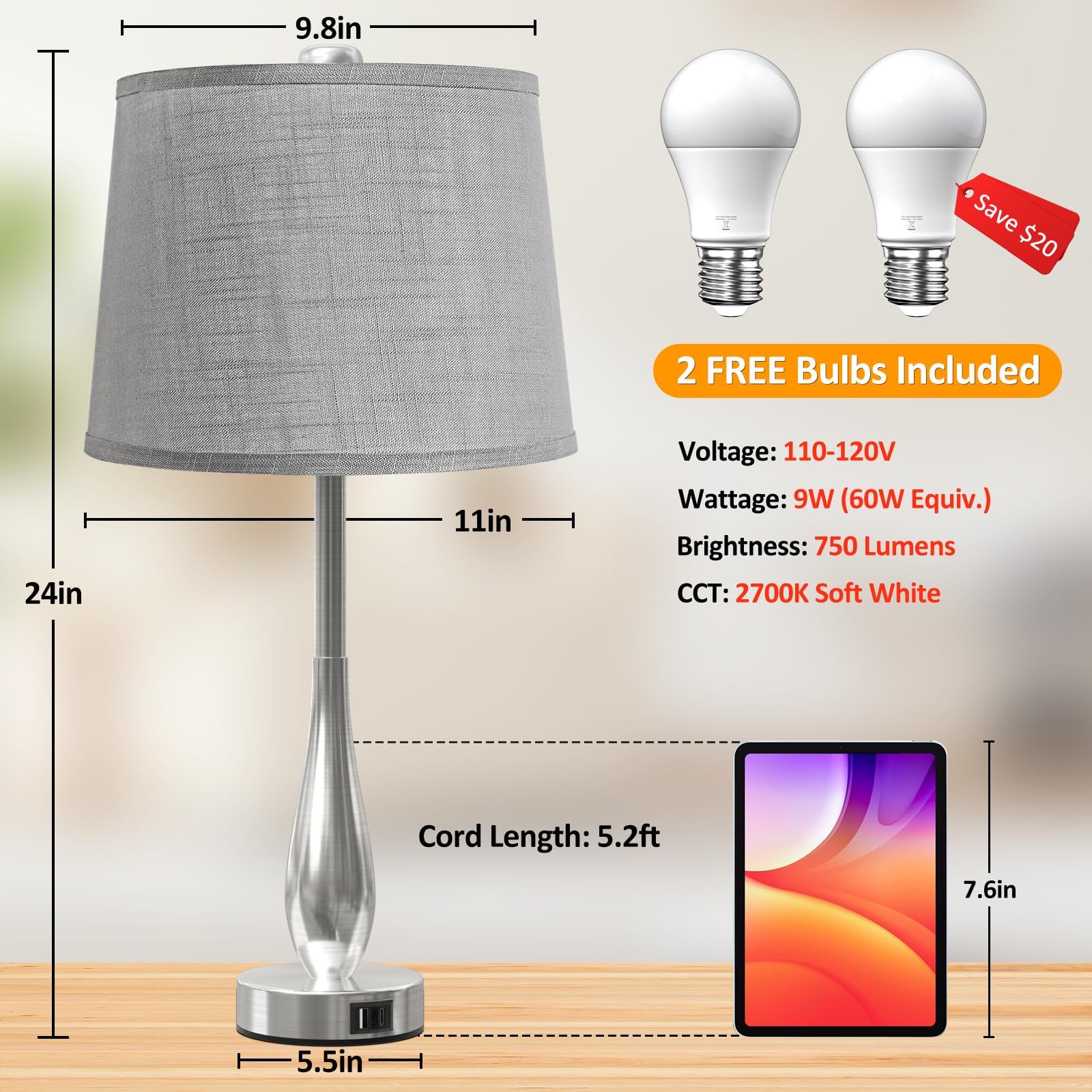 Cnxin 24" Touch Table Lamps For Bedroom Set Of 2, 3 Way Dimmable Bedside Nightstand Lamps With Usb C A Port, Modern Lamps For Living Room End Table With Brushed Nickel Body Grey Shade, Bulbs Included