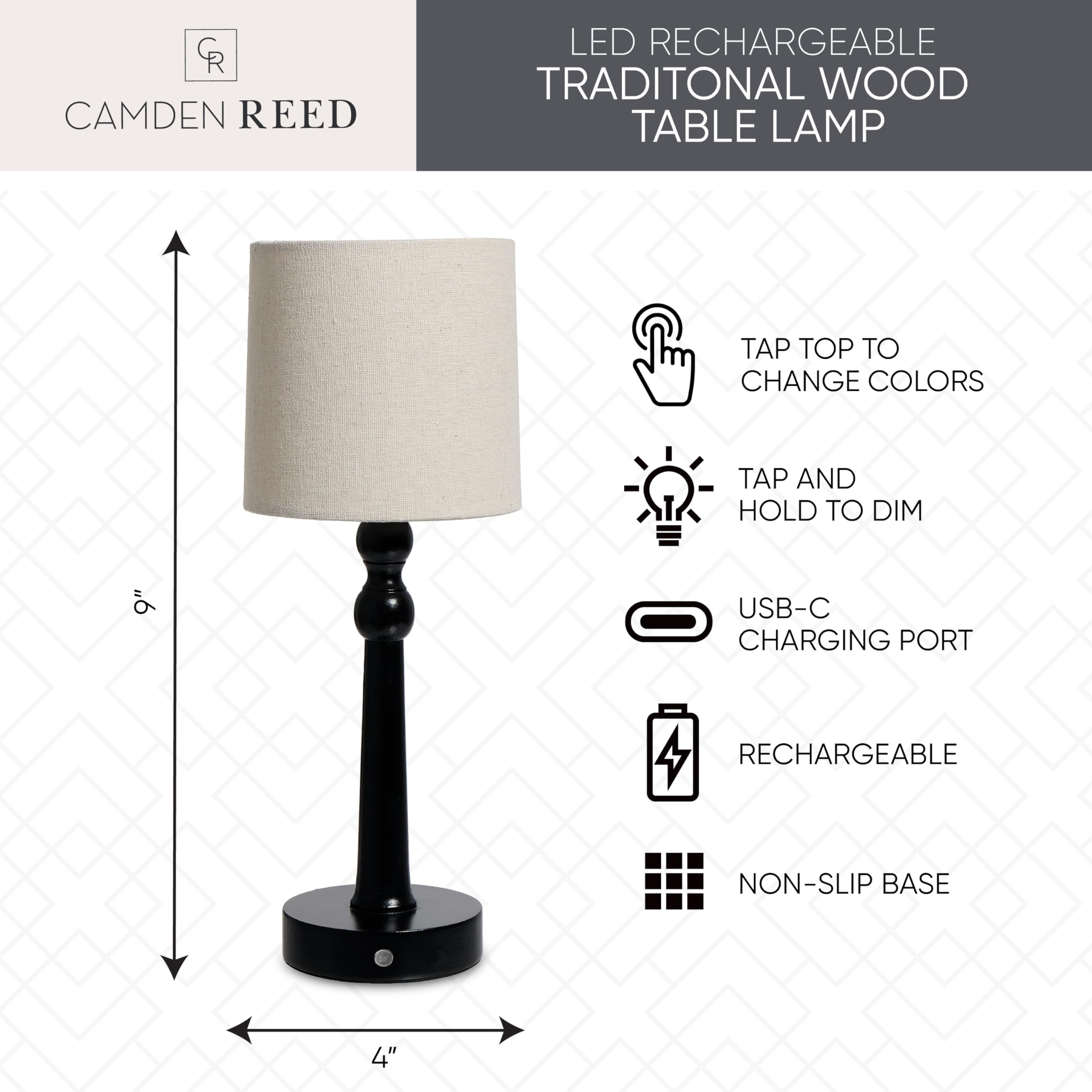 Camden Reed Traditional Wood Lamp – Classic Wooden Table Lamp With Elegant Design For Home Or Office Décor, Black