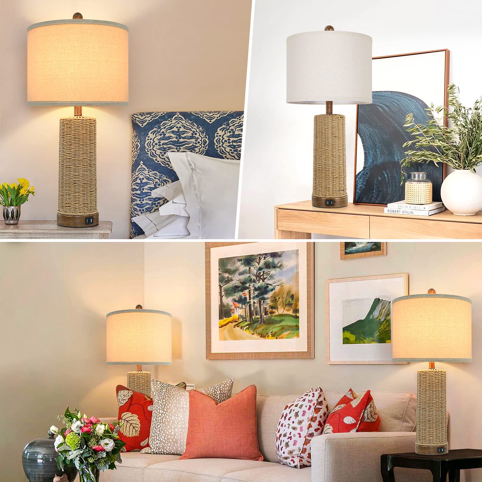 Beslowe 26" Coastal Table Lamps Set Of 2 With 2 Usb Ports, Rattan Nightstand Bedside Table Lamps For Living Room With Rotary Switch, Seagrass Farmhouse Desk Lamps For Bedroom Dorm Hotel