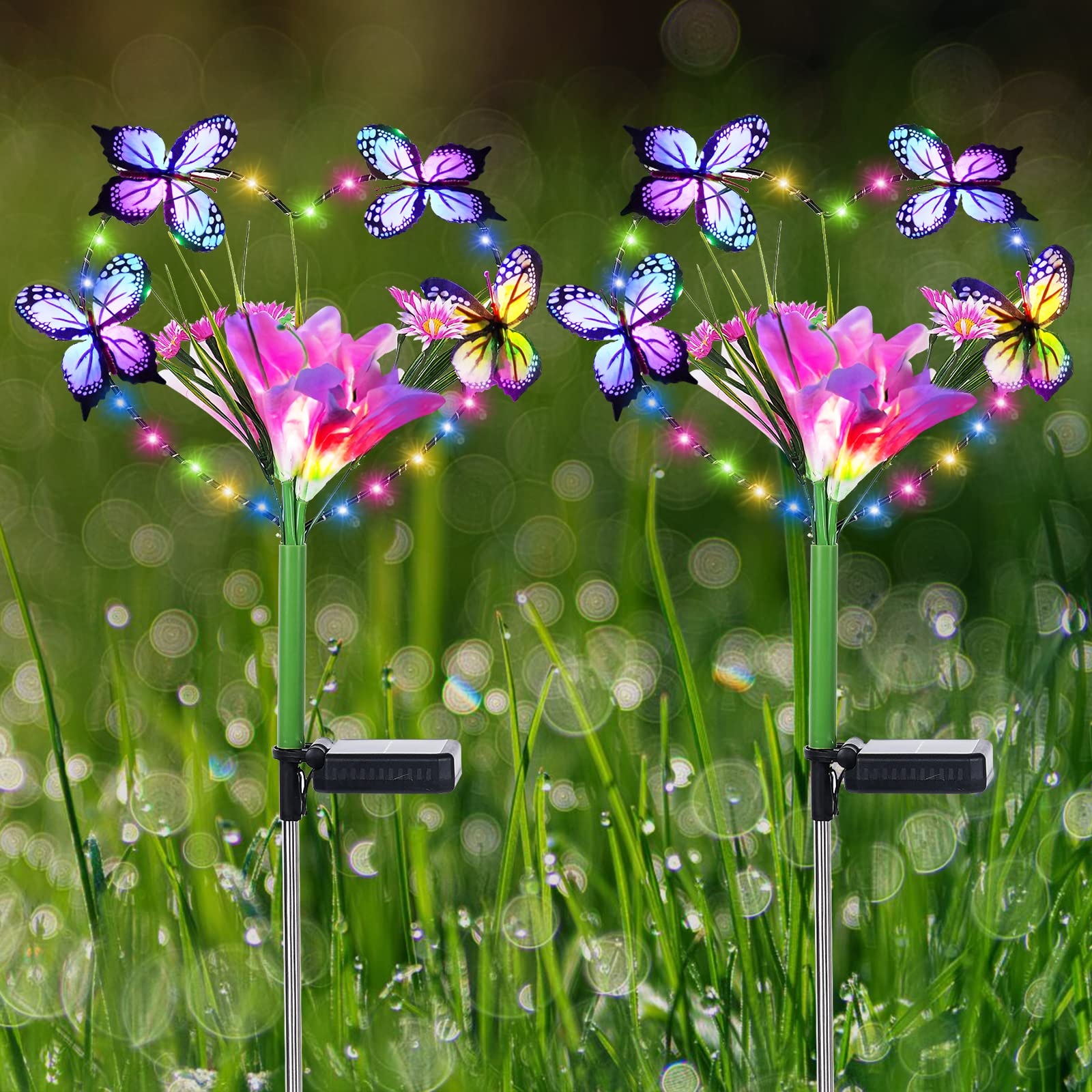 Aukora Solar Garden Lights Outdoor Waterproof, A Heart-Shaped Garland Design With Artificial Butterflies ＆ Flowers, 7 Color Changing Led Beads For Patio Yard Wedding Decor,  For Women (2-Pack)