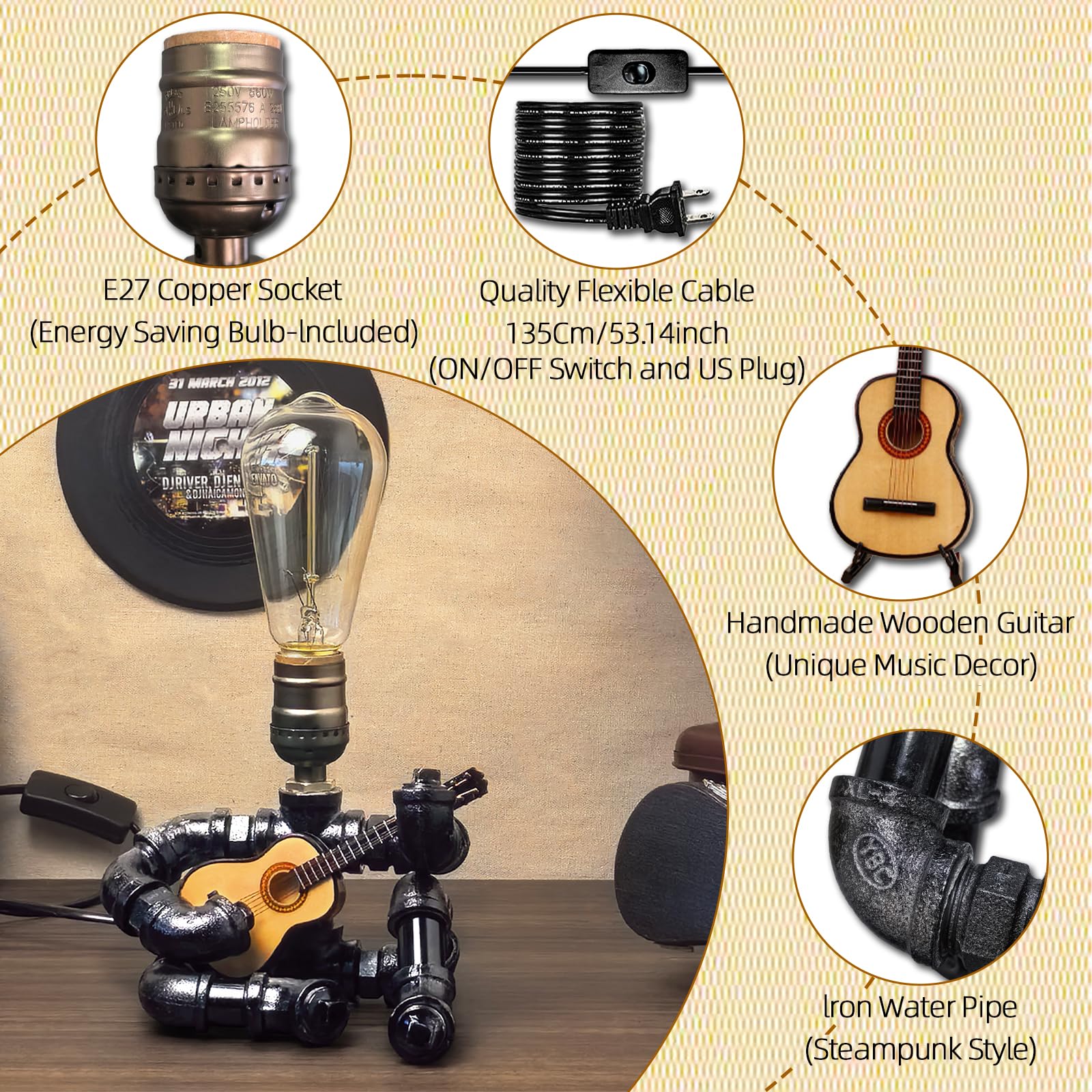 Chxtx Music Guitar Table Lamp - Cool For Men & Music Lovers - Edison Bulb Steampunk Pipe Lamps - Microphone Players Art Decor (Wood)