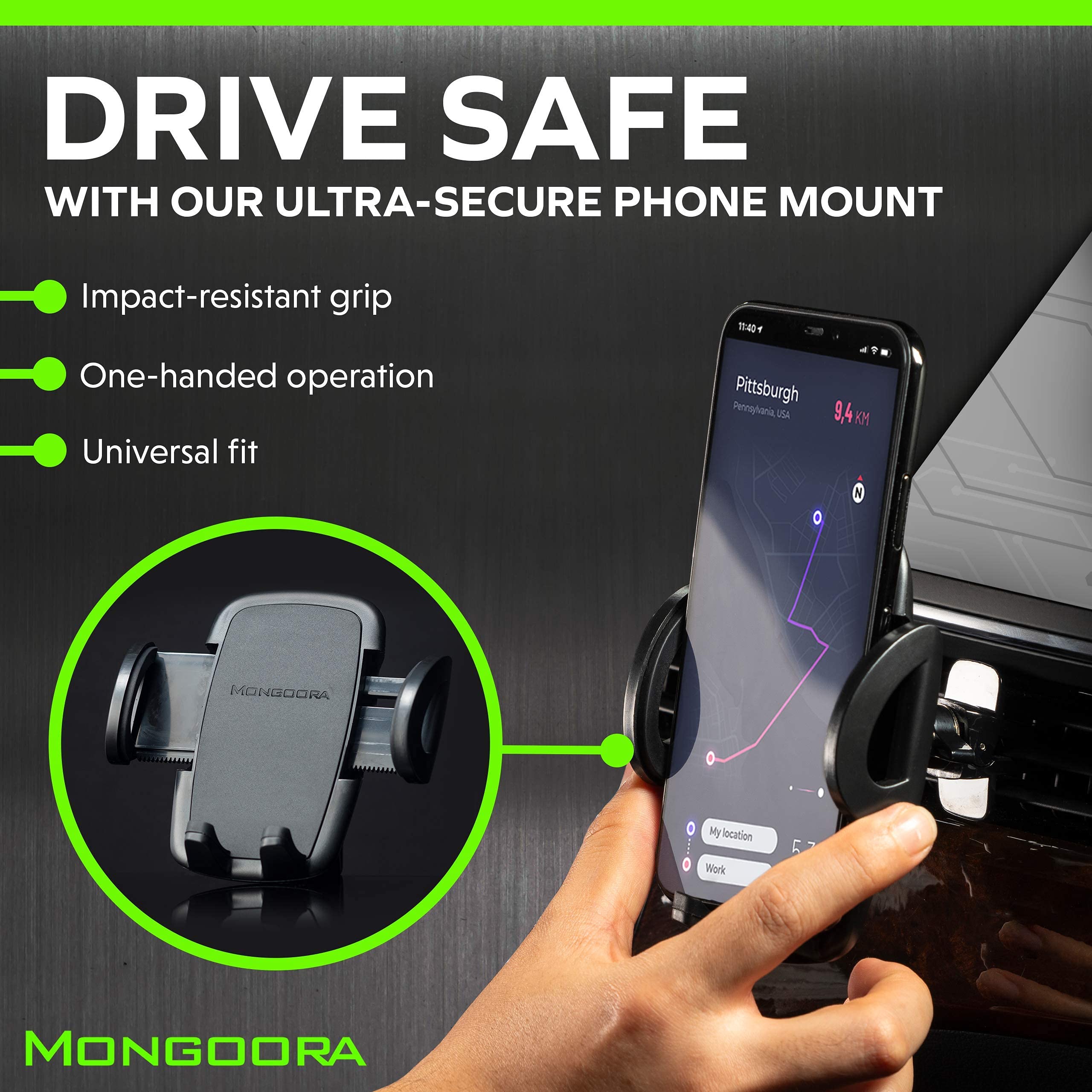 Mongoora Air Vent Car Phone Mount Holder - Locking Cell Phone Car Mount Universal For Any Smartphone, Iphone, Android - Clip On Car Phone Holder For Dashboard - Stocking Stuffers
