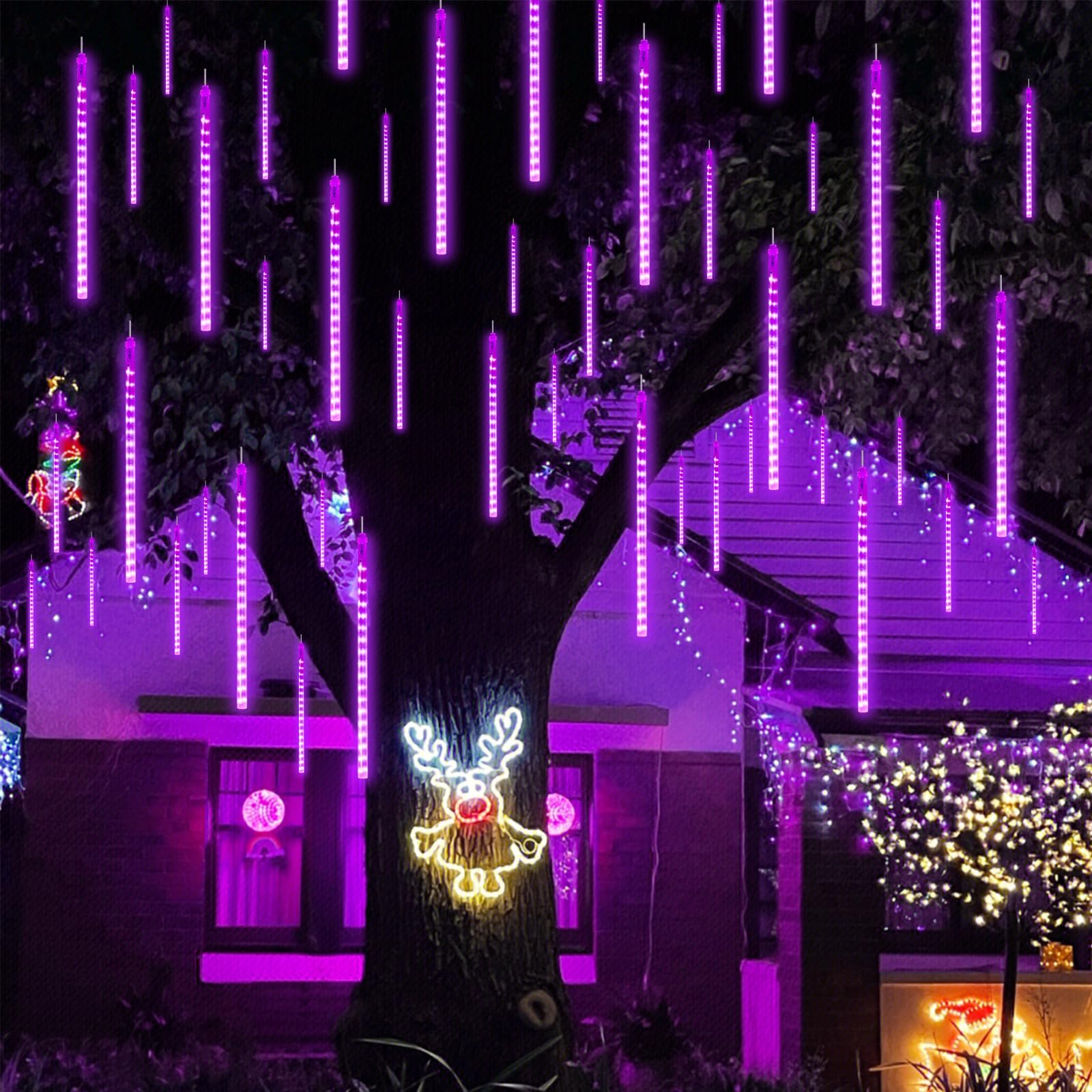 Qitong 2 Pack Extendable Christmas Meteor Shower Lights, Purple Christmas Lights Outdoor, 16 Tubes 384 Leds Plug In String Lights For Christmas Tree Holiday Party