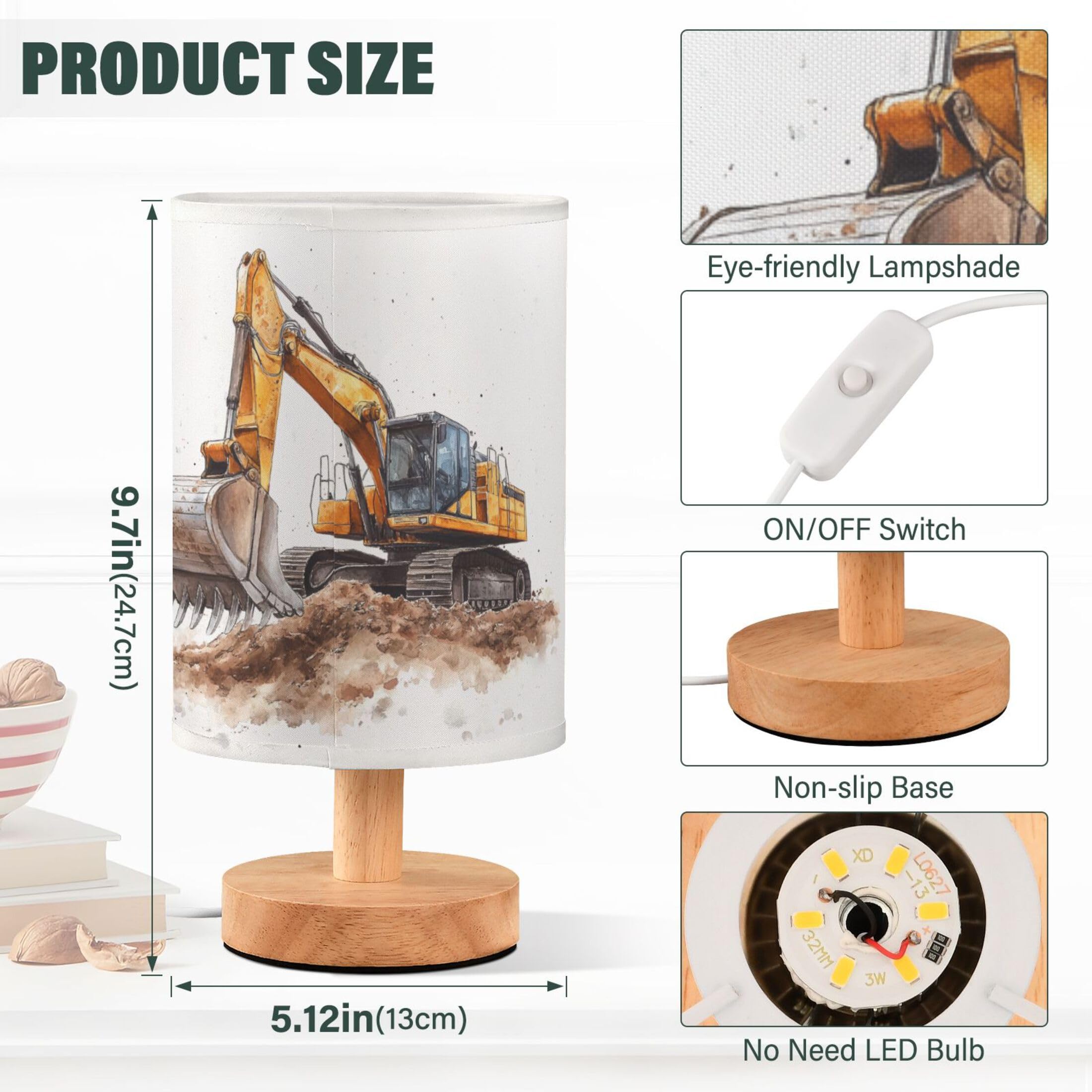 Yyzzh Table Lamp Construction Car Excavator Painting Nightstand Lamp With Wood Base Fabric Lamp Shade Bedside Desk Lamp For Living Room Bedroom Kids Room Office