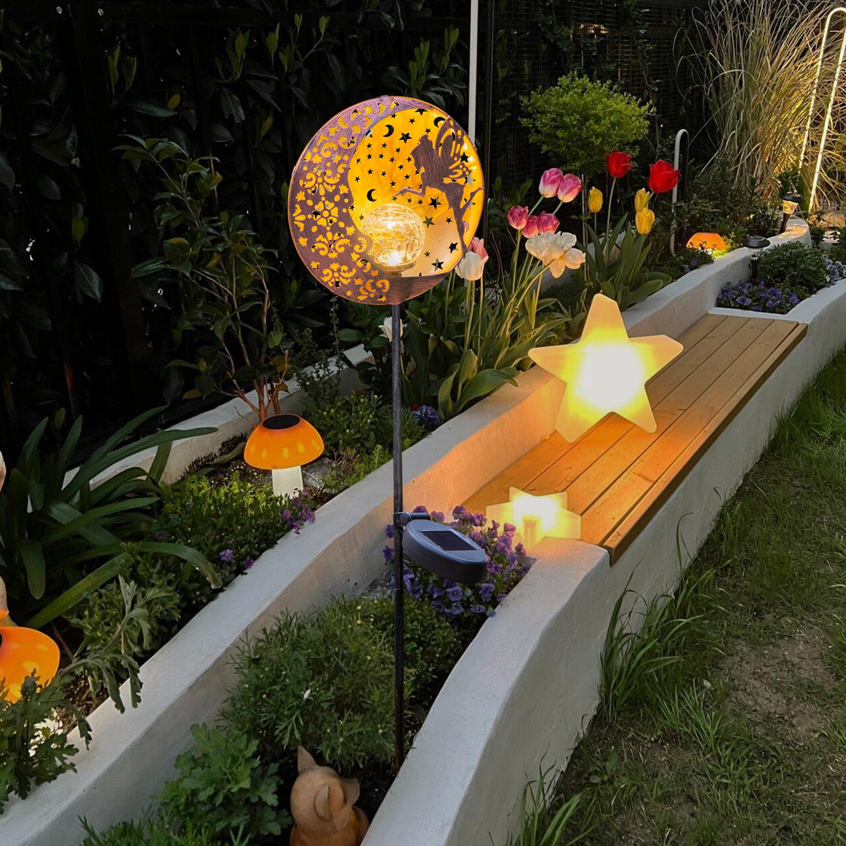 Tryme Solar Fairy Garden Lights - Moon Star Glass Globe Pathway Stake, Waterproof Outdoor Decorative Lights For Patio, Yard, Lawn
