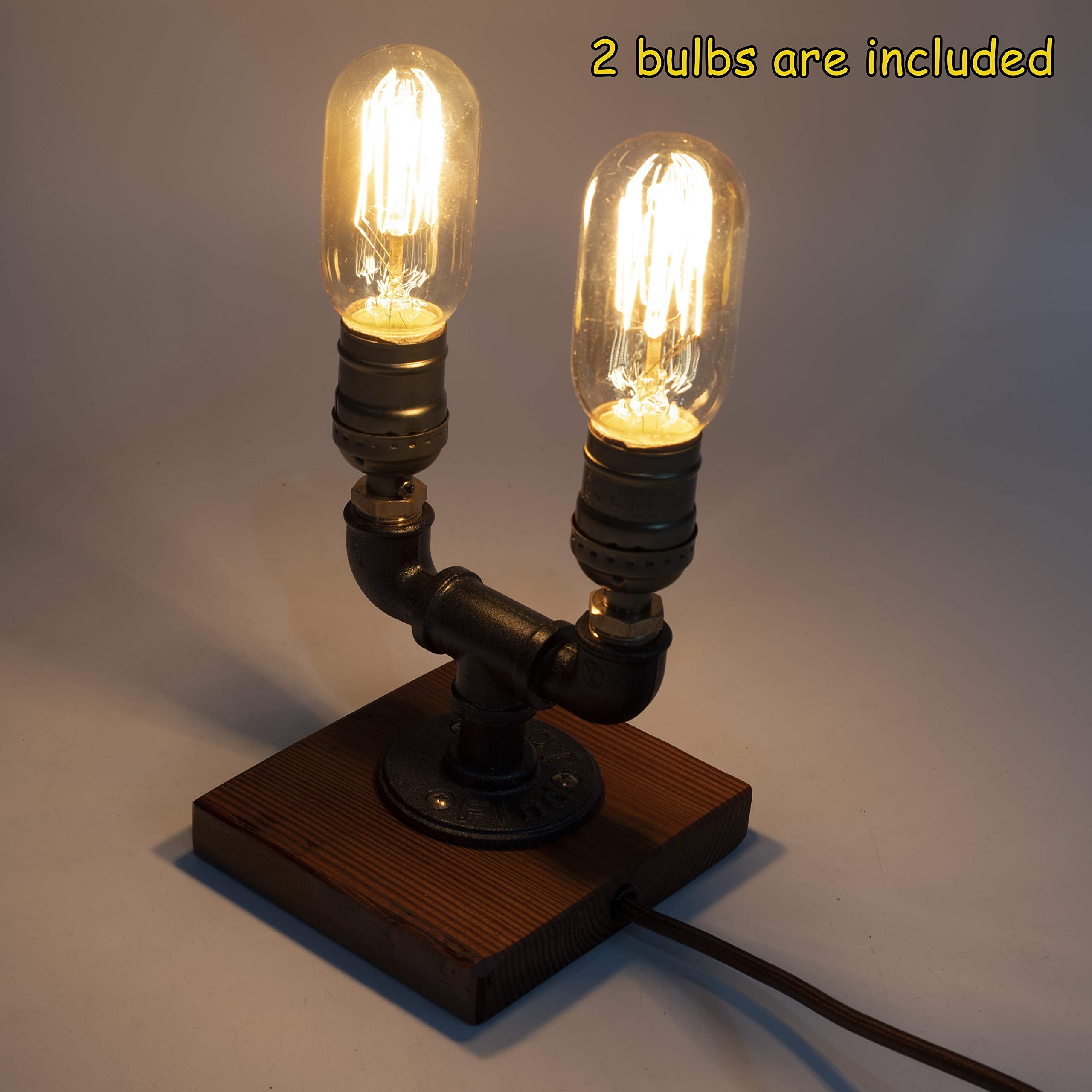 Y-Nut Steampunk Lamp With Dimmer, Dimmable Loft Style Industrial Vintage Antique Style Light With 2 Bulbs, Wood Base With Iron Piping Desk Lamp, Retro Desk Lamp Ll-027