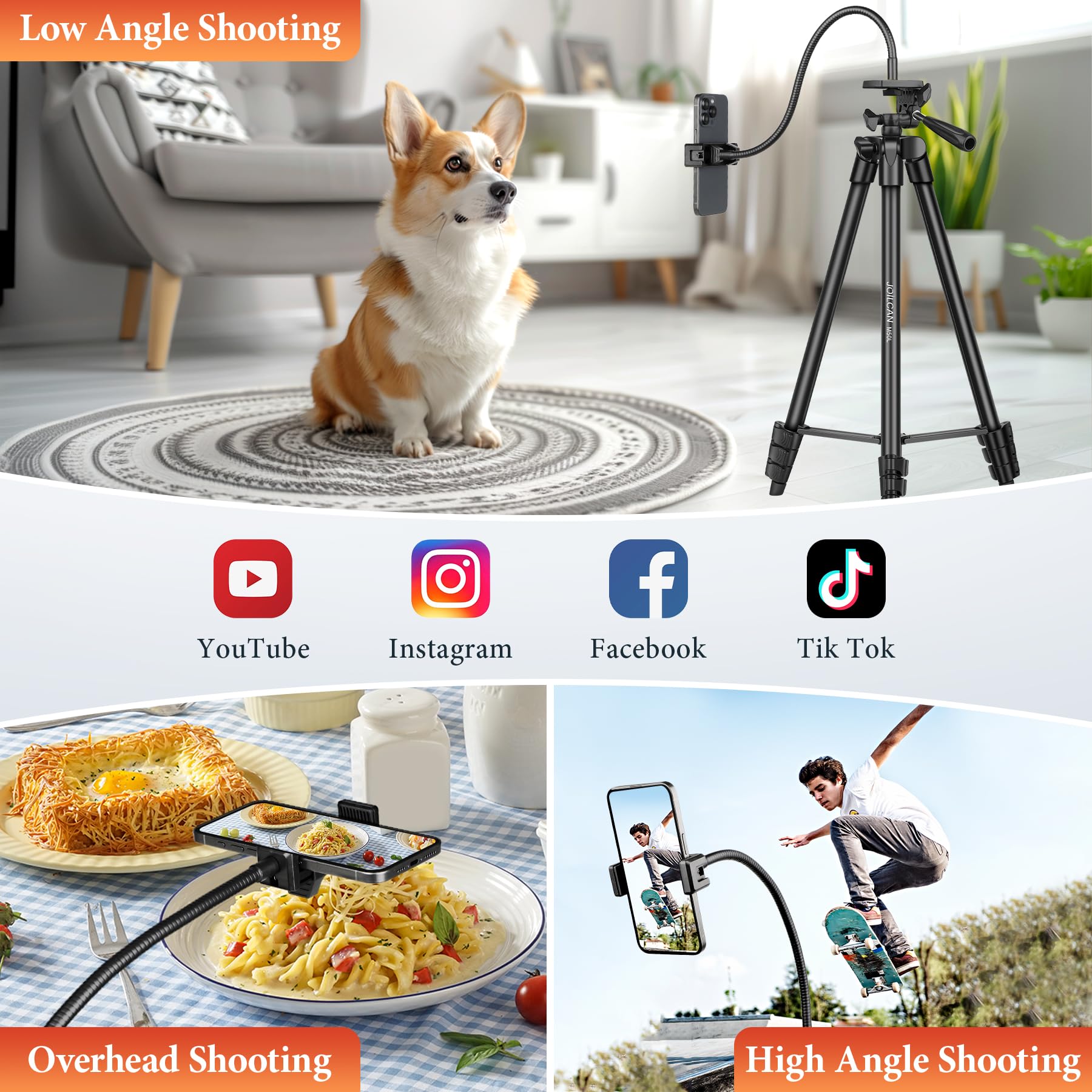 Joilcan 82” Cell Phone Camera Tripod With Flexible Gooseneck Remote Phone Holder, Travel Tripod For Video Recording Vlog Photo, Lightweight Aluminum Phone Tripods