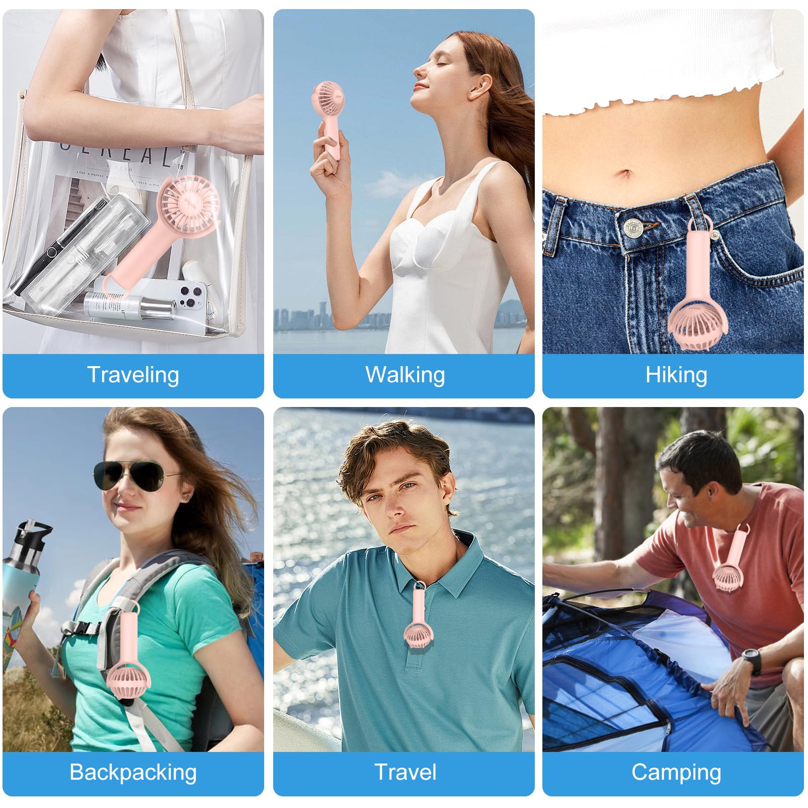 Mini personal fan with portable design and stand ideal for hot weather and travel