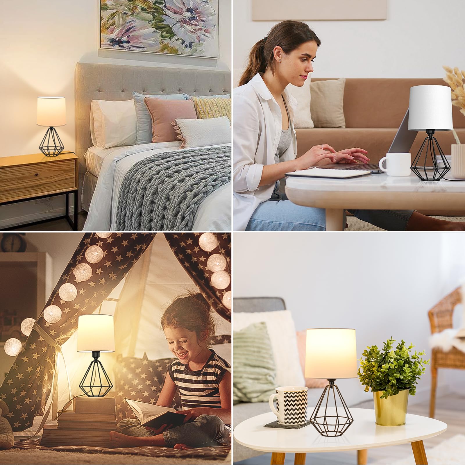 Ggoying Set Of 2 Bedside Table Lamp, Black Metal Modern Lamp With White Fabric Shade, Simple Side Lamp For Living Room,Bedroom,Home,Office Working