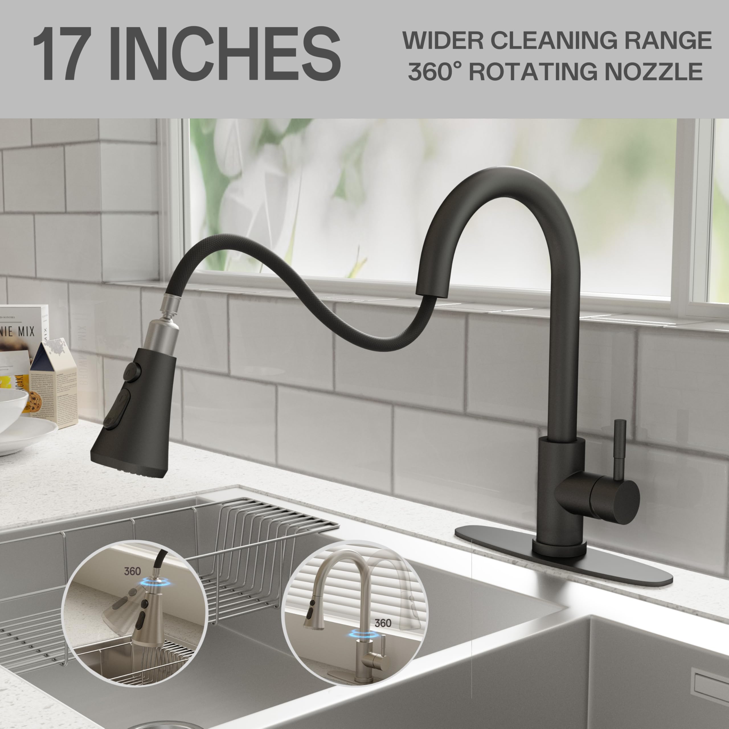 Vxv Kitchen Faucets, Matte Black Kitchen Faucet With Pull-Down Sprayer, Stainless Steel Sink Faucet For Farmhouse, Rv, And Bar, Pull Out Kitchen Faucet With Deck Plate And 1/2'' Adapters
