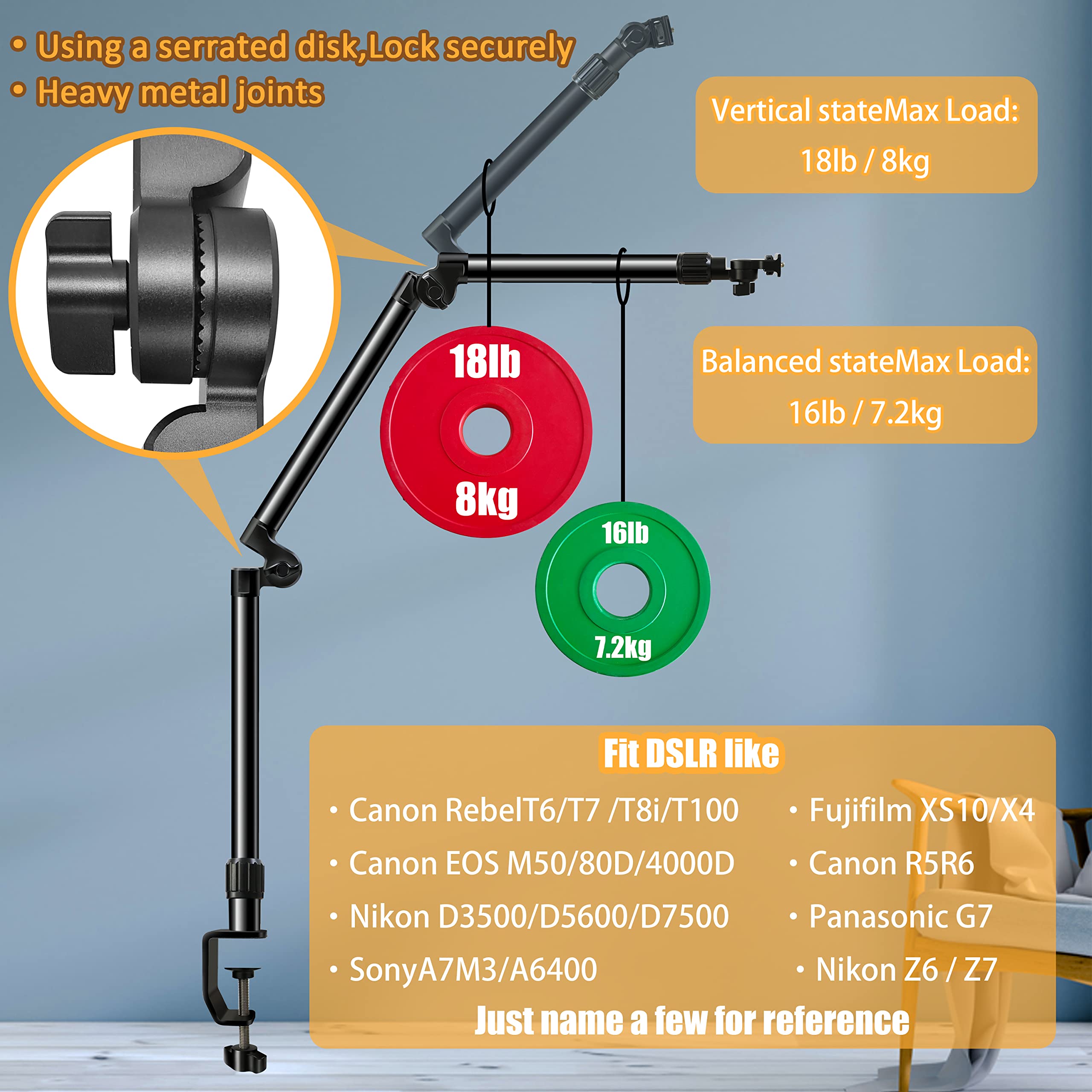 Dnsbabi Overhead Camera Mount Desk Stand, Bearing 18Lb, Base& Top 360° Adjustable, With 1/4“ 3/8" 5/8" Screw, 3-Section Flexible Articulating Metal Arm For Dslr Camera/Webcam