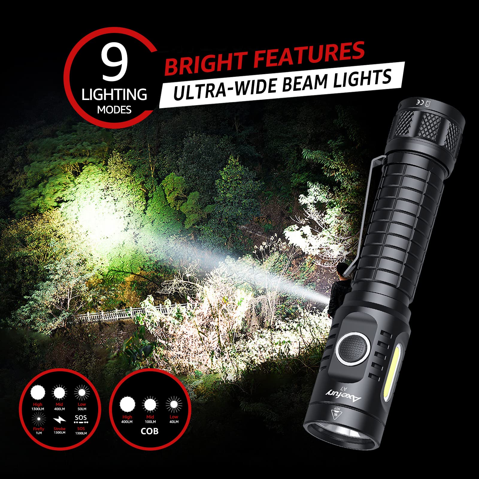 Axefury Flashlight, Rechargeable Magnetic Led Flashlight High Powered 1300 Lumens,Tactical Led Light Torch Cob Work Light,9 Modes,Ip67 Outdoor Gear A7