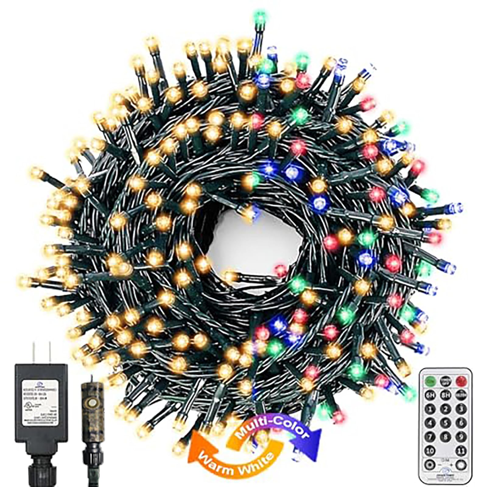 Decute Colors Changing Christmas Tree Lights 4 Colors In 1 String Lights, 11 Modes 300Leds 108Ft Extendable Waterproof Indoor Outdoor Fairy Lights Warm White & Multicolor With Timer Remote