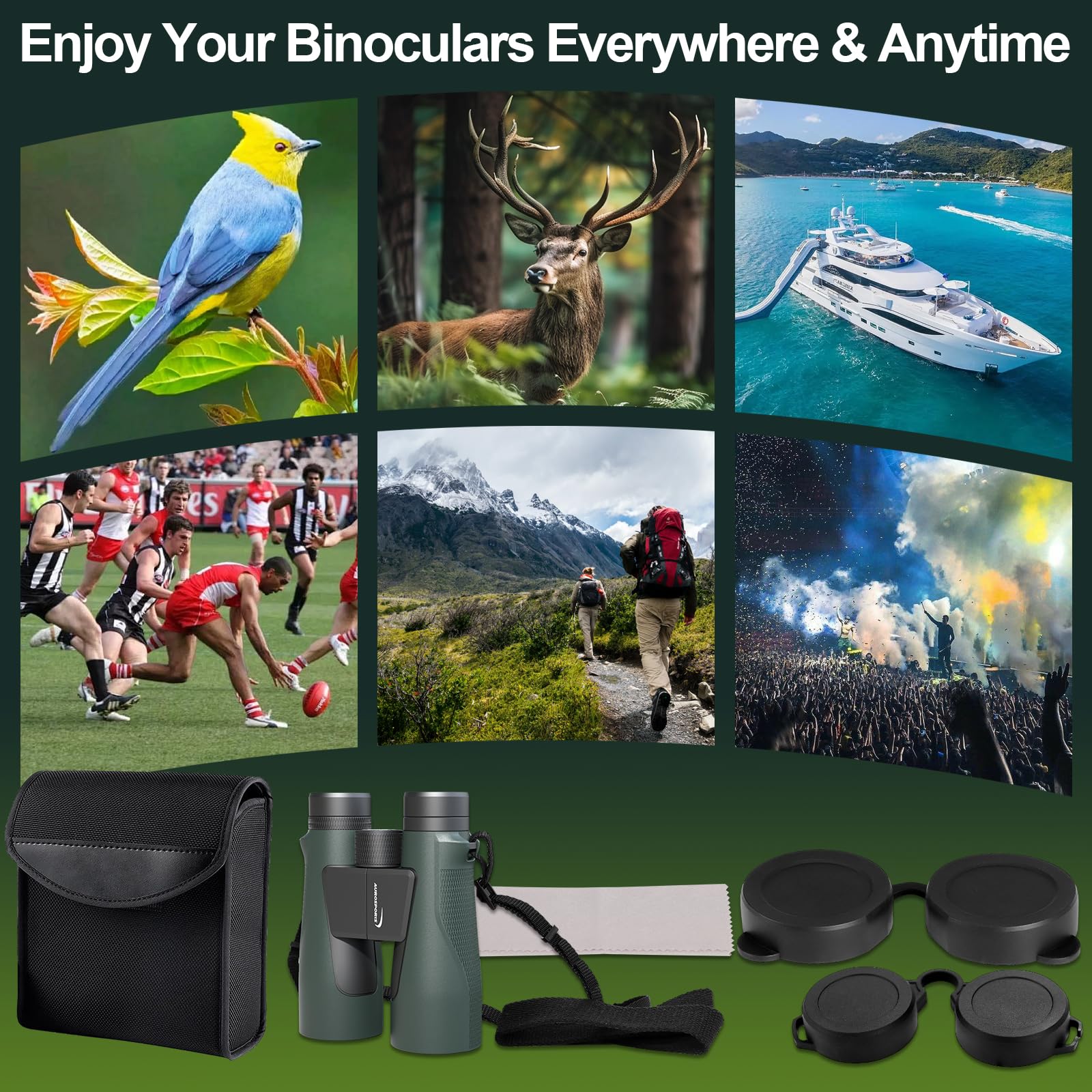 Aurosports 15X56 Binoculars For Adults High Powered - Hd Large View Binoculars With Clear Low Light Vision - Lightweight Easy Focus Bird Watching Hunting Hiking Cruise Travel - Green