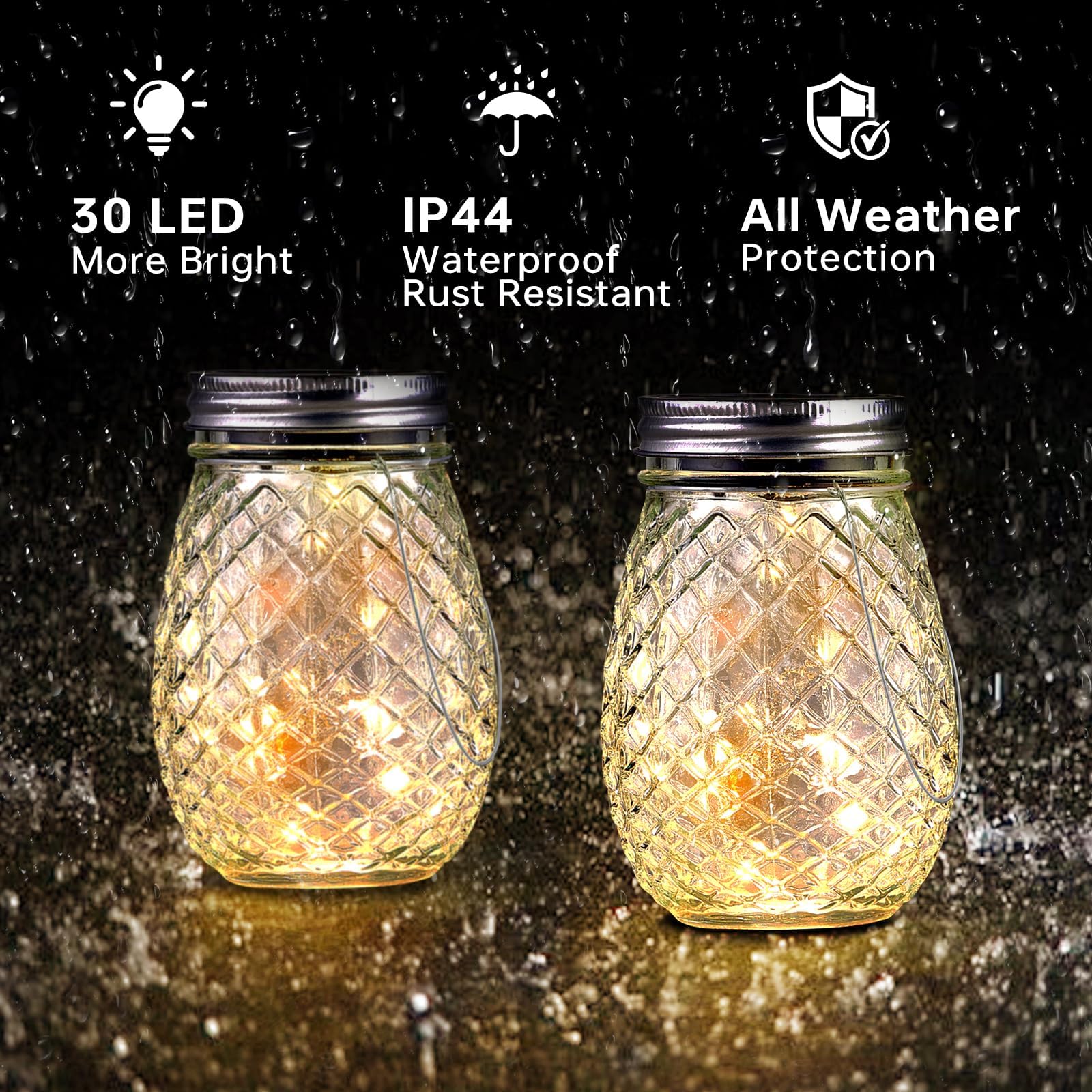 Dream Master 30 Led Hanging Solar Fairy Lights, Jars & Hangers Included, 6 Pack Waterproof Glass Mason Jar Lights Solar Powered, Ideal Outdoor Decor For Garden Patios, Yards, And Lawns, Warm White