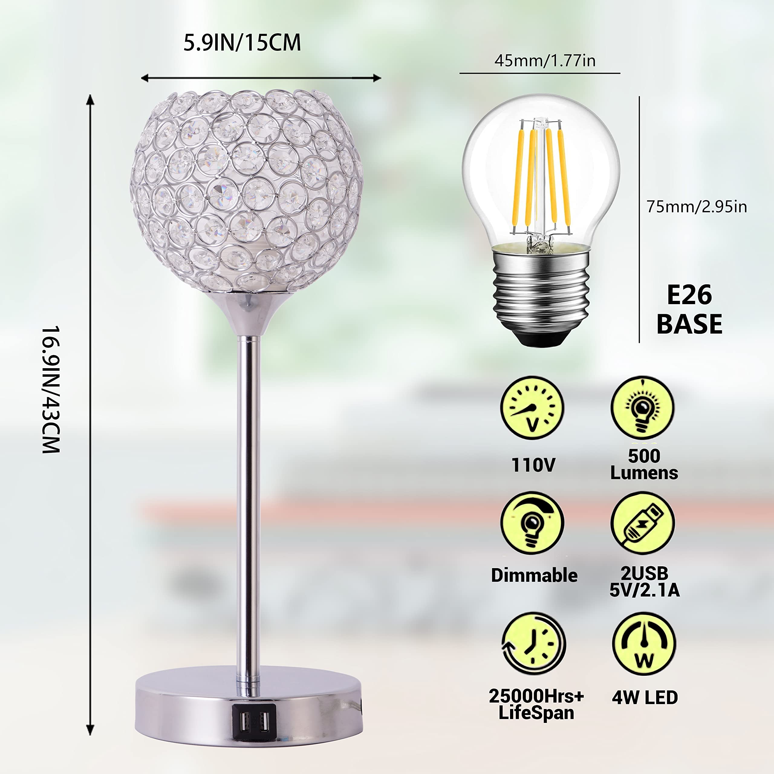 Defloorlight Crystal Touch Control Table Lamp, 3-Way Dimmable Modern Bedside Lamp With 2 Usb Charging Port Nightstand Desk Lamp With Elegant Lamp Shade For Bedroom, Living Room Hotel, Reading, Bulbs Included