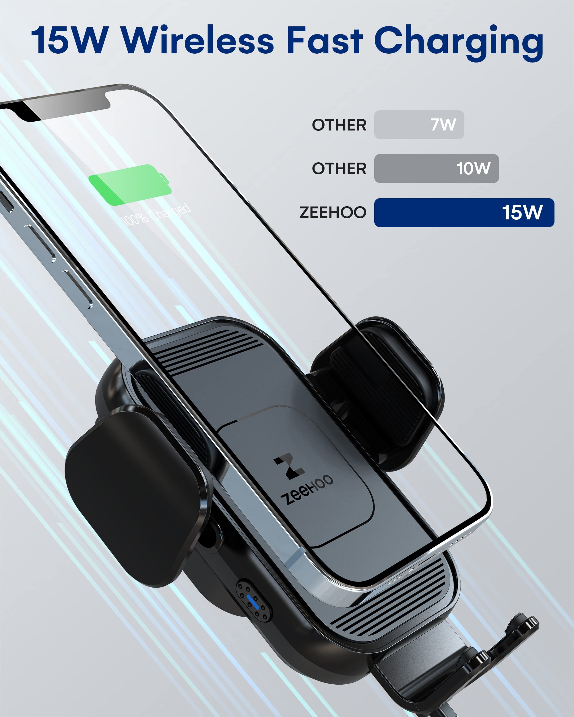 Zeehoo Wireless Car Charger, 15W Fast Charging, Auto Clamping Car Phone Mount, Cell Phone Holder Charger, For Iphone 15 14 13 12 11 Pro Max Xs, Etc. (Black)