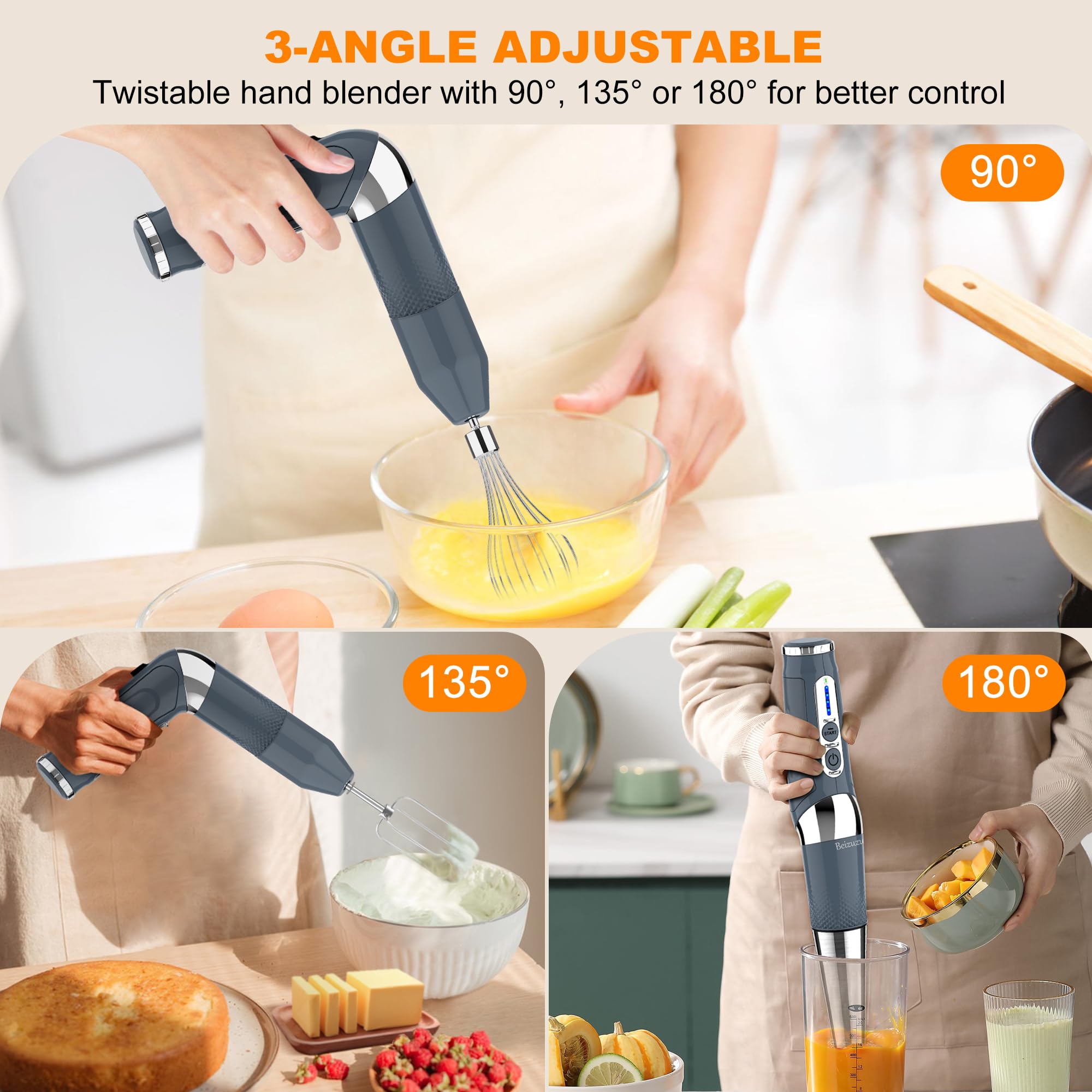 Beizuzu Cordless Immersion Blender: 4-In-1 Rechargeable Cordless Hand Blender, 21-Speed & 3-Angle Adjustable With Chopper, Beaker, Whisk, Beater For Milkshakes Smoothies Soup Baby Food (Grey)