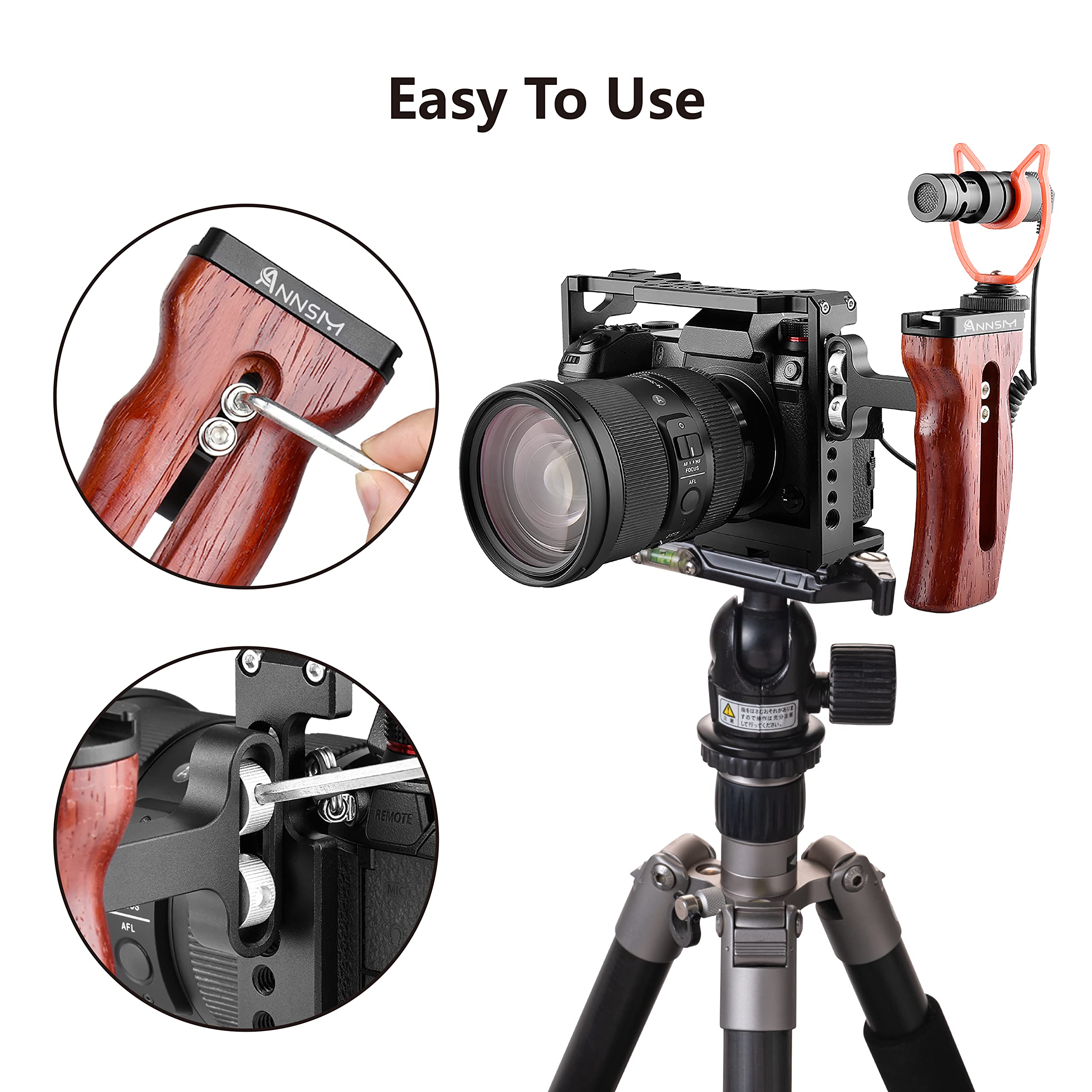 Annsm Side Wooden Handle Grip For Dslr Camera Cage, Cold Shoe Mount, Built-In Wrench, Threaded Holes, Left Right Compatible Iphone/Smartphone/Video Rig Videography/Camera Cage