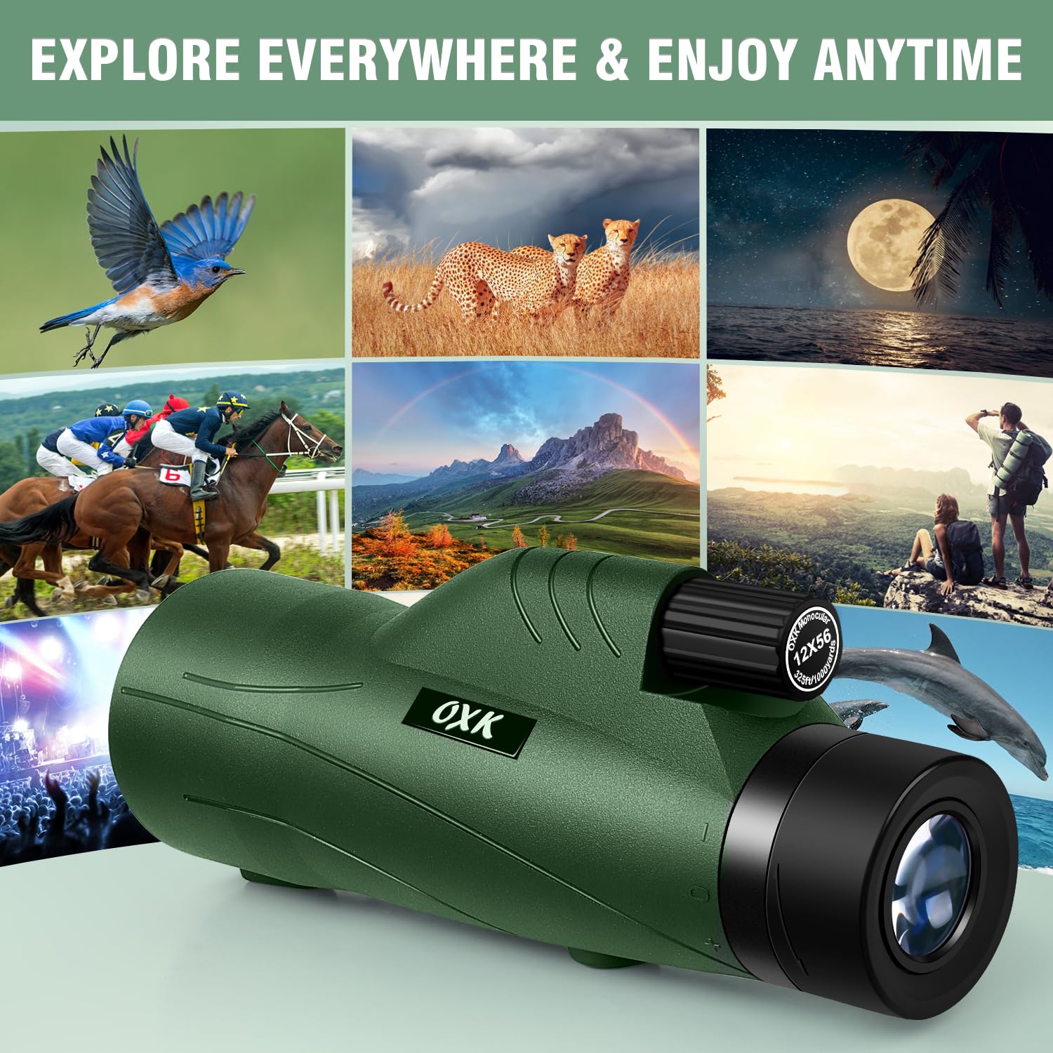 Oxk Optics 12X56 High Power Monocular Telescope With Smartphone Adapter Tripod Bag, Lightweight Monoculars For Adults With Bak4 Prism & Fmc Lens, Suitable For Bird Watching Camping - Army Green
