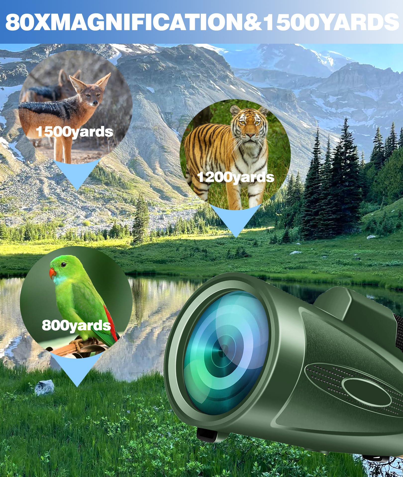 Md.Life 80X100 Hd Monocular Telescope, High Powered Bak-4 Prism Compact Monoculars For Adults, Larger Vision Monocular For Bird Watching Hunting Hiking Camping Travelling, Green