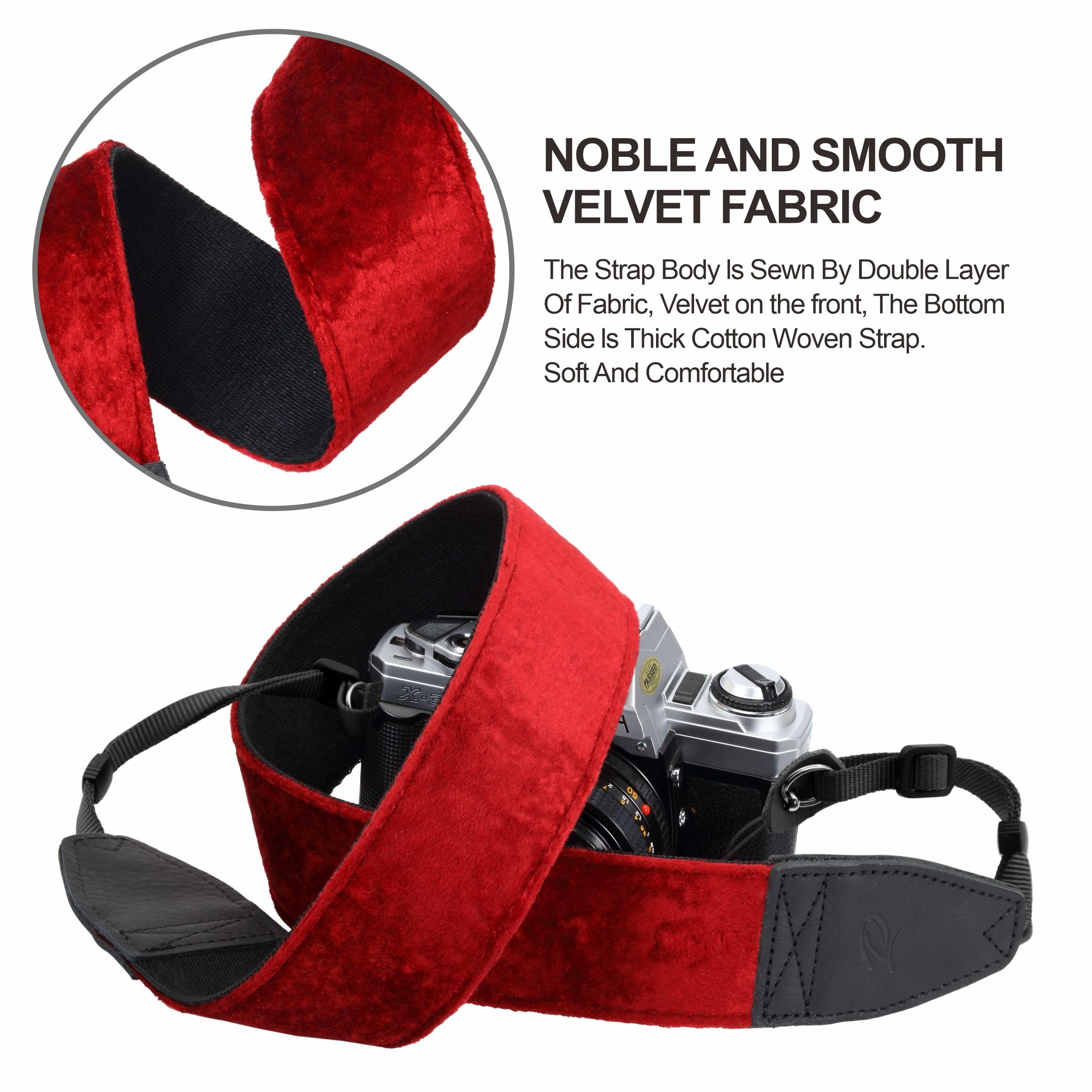 Padwa Lifestyle Velvet Camera Strap - 2" Wide Full Grain Cowhide Head Soft Velvet Straps For Photographers,Complimentary 2 Pcs Quick Release For All Dslr,Slr,Mirrorless Cameras,Binoculars - Ruby Red