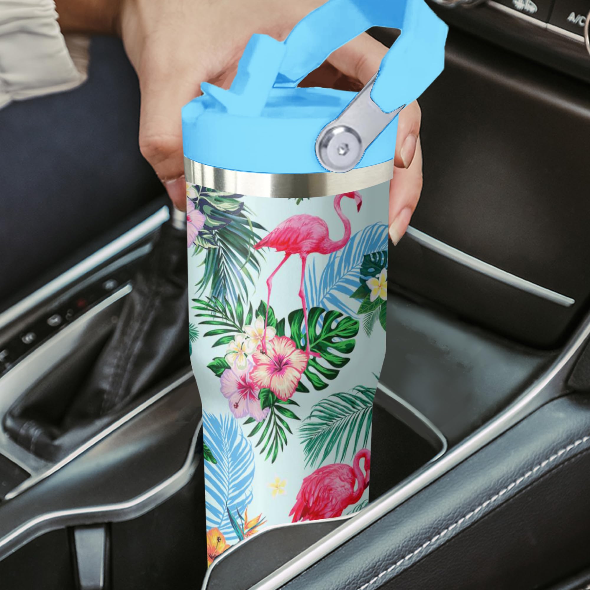 Flamingo Tumbler With Handle And Flip Straw For Women Men, 30Oz Stainless Steel Insulated Cup