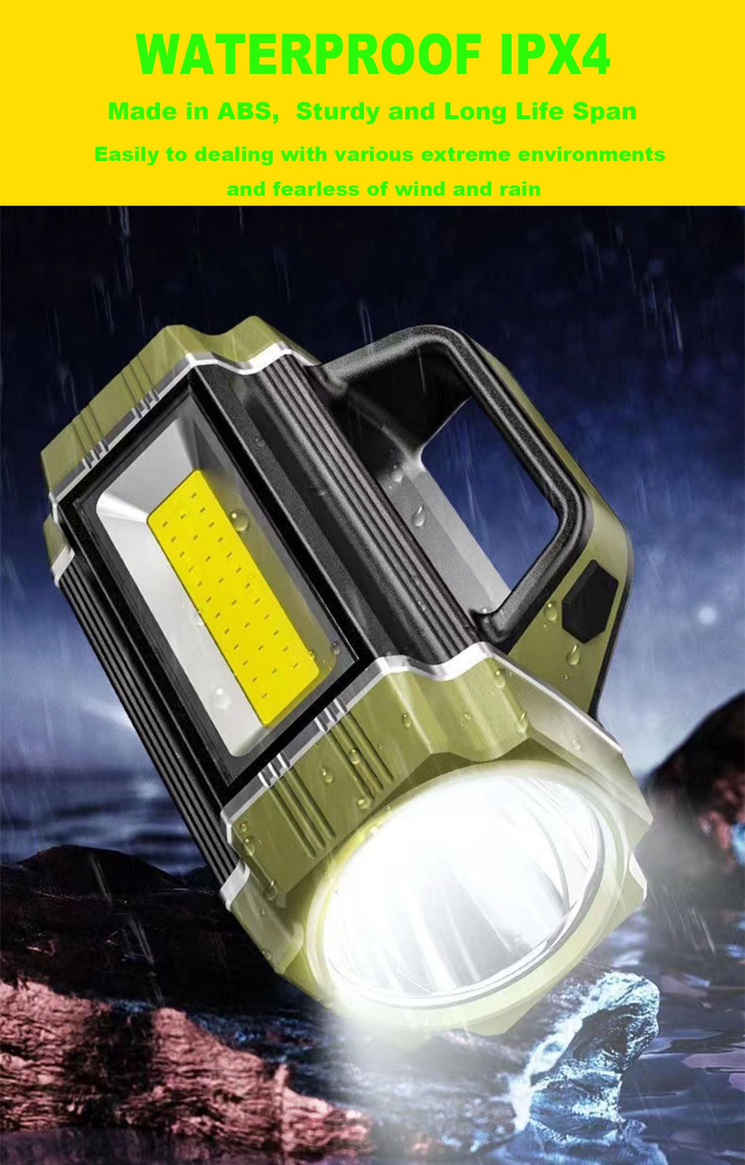 Suyooulin Solar Rechargeable Led Searchlight, Super Bright 13000Lm Handheld Led Spotlight, Multi Function Camping Lantern Flashlight, 6 Light Modes, Waterproof Ipx4, Power Bank, For Emergency, Home