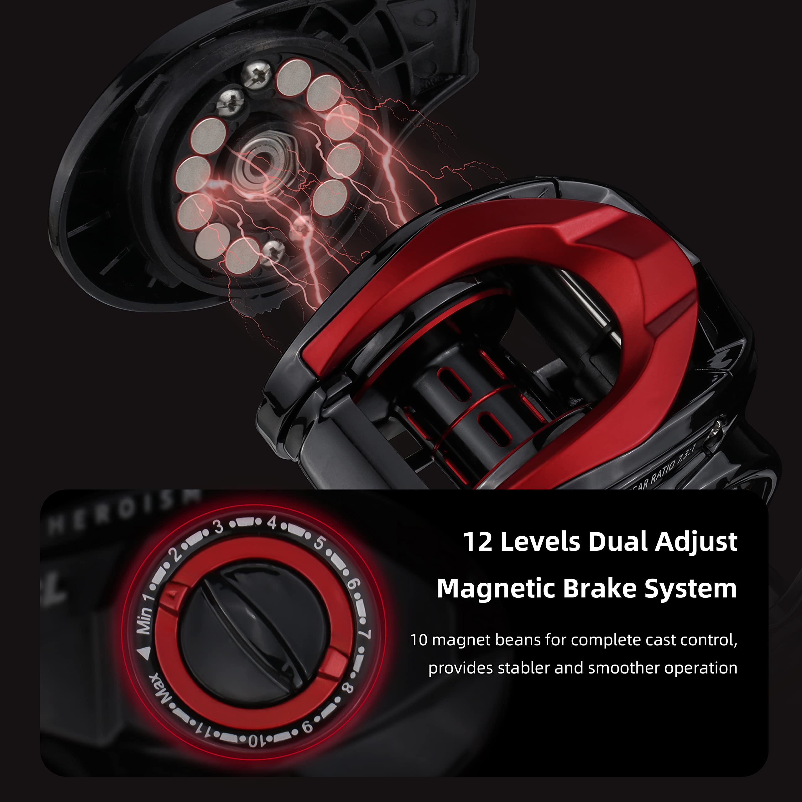 Runcl Heroism Fishing Baitcasting Reels, 17.64Lb Carbon Fiber Baitcasters, 7.3:1 Gear Ratio, 12 Levels Magnet Brake System, 7+1 Bb,  Compact Design High-Tech Innovation With Fish Bite Alarm System