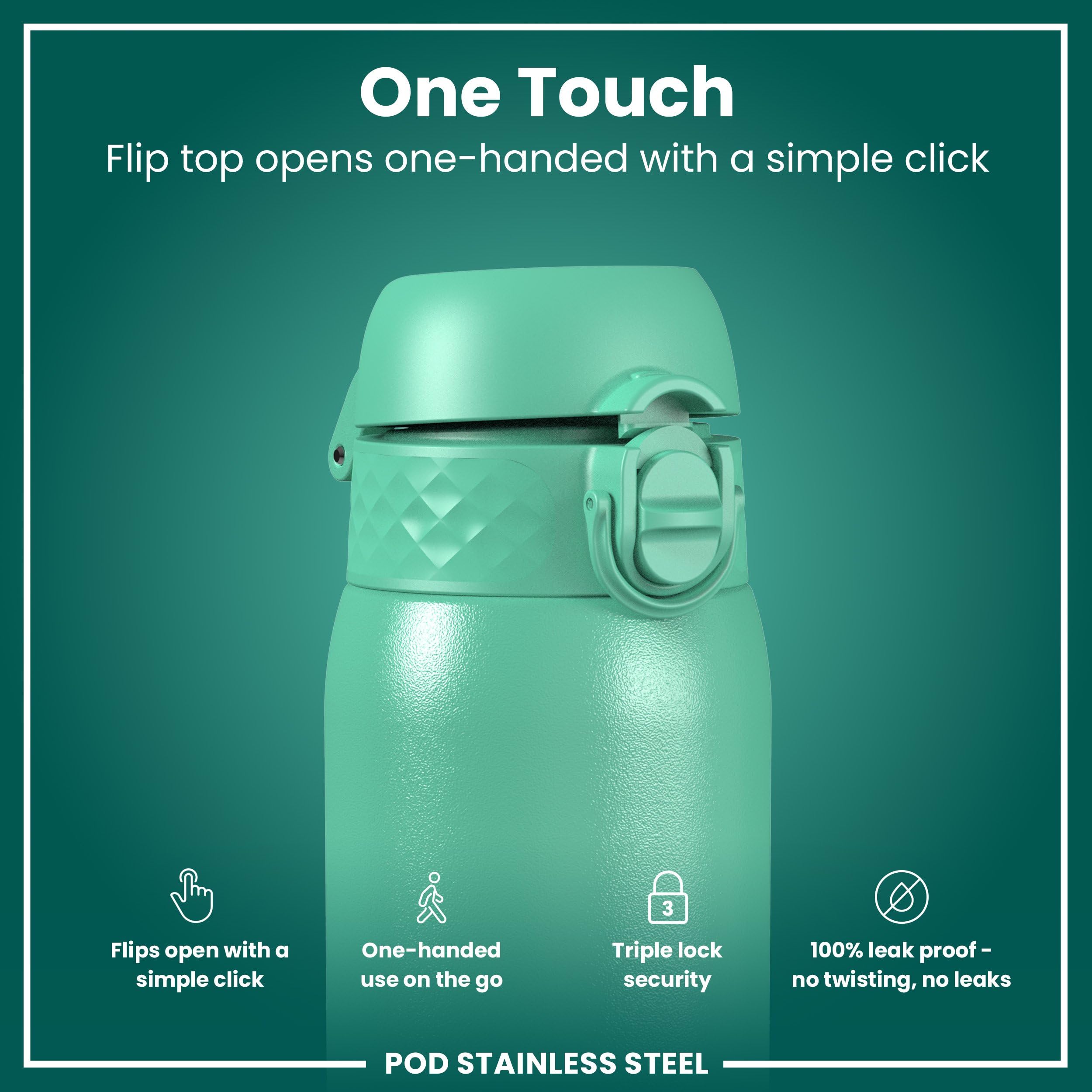Ion8 Kids Water Bottle, Steel 400 Ml/13 Oz, Leak Proof, Easy To Open, Secure Lock, Dishwasher Safe