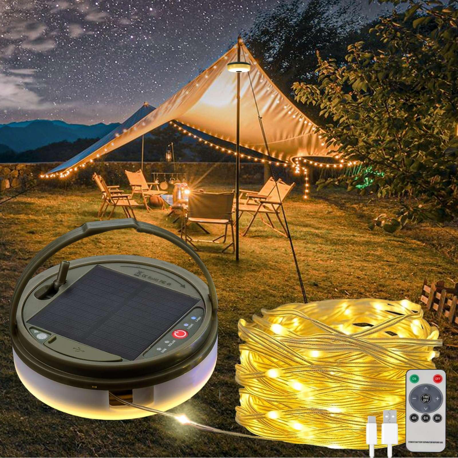 Tuopulife Solar Camping String Lights, 39.4Ft Fairy String Lights 150Leds, Portable Waterproof Camping Lamp With 8 Lighting Modes, Hanging Rechargeable Tent Lantern For Awning Garden Party Decor-Remote Control