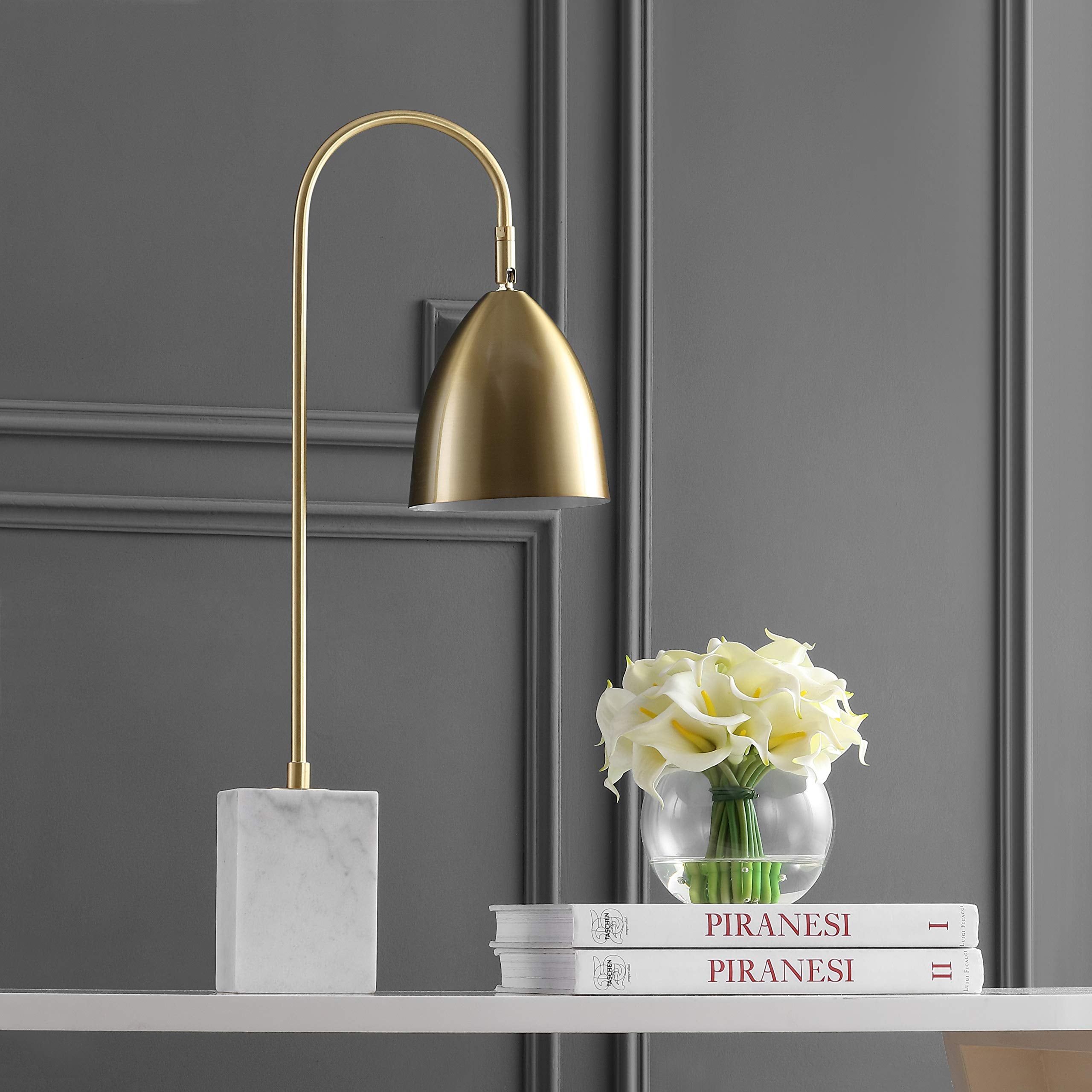 Jonathan Y Jyl1092A Ana 26" Gold Arched Metal With Marble Base Led Table Lamp Classic Glam Bedside Desk Nightstand Lamp For Bedroom Living Room Office College Bookcase, Brass Gold/White