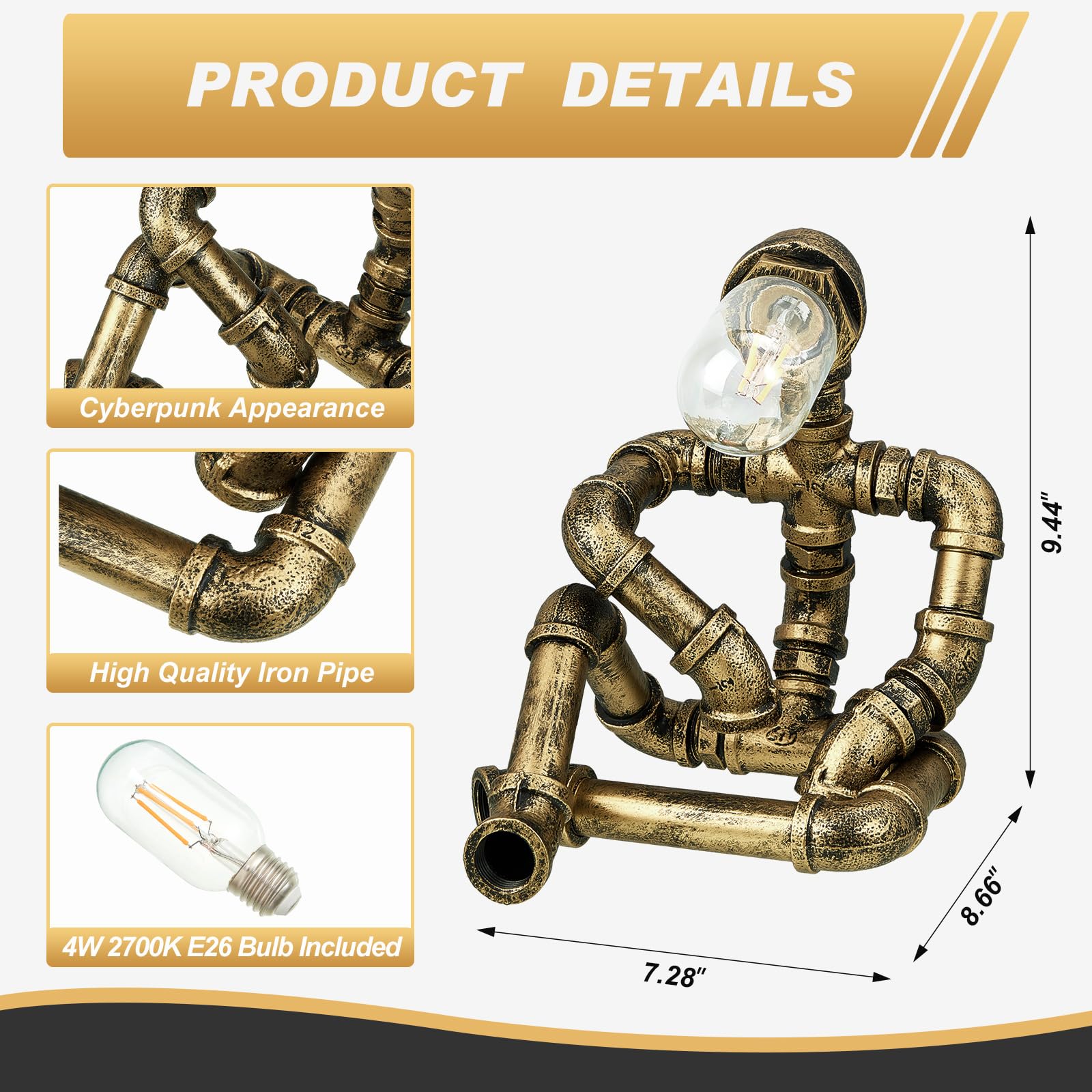Vihose Metal Pipe Lamp Industrial Iron Robot Desk Lamp Cool Creative Robot Light For Men Office Home Restaurant Bedside Bedroom Living Room(Steampunk Style,Bronze)