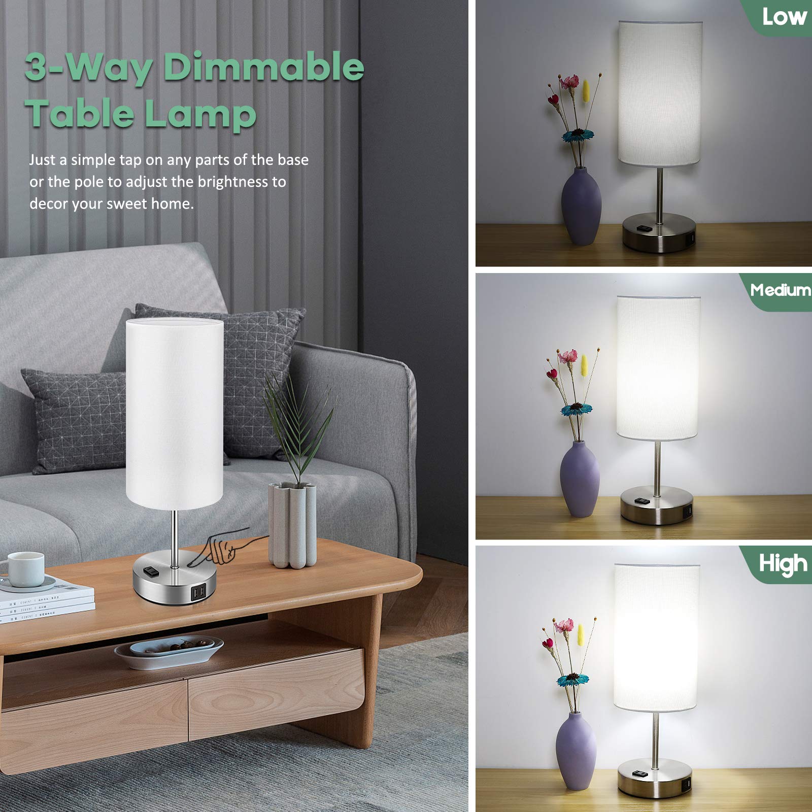 Brightever Set Of 2 Touch Control Table Lamps With 2 Usb Charging Ports&Ac Outlet, 3-Way Dimmable Bedside Nightstand Lamps With White Fabric Lampshade For Reading, Bedroom, Living Room, A19 Led Bulbs Included