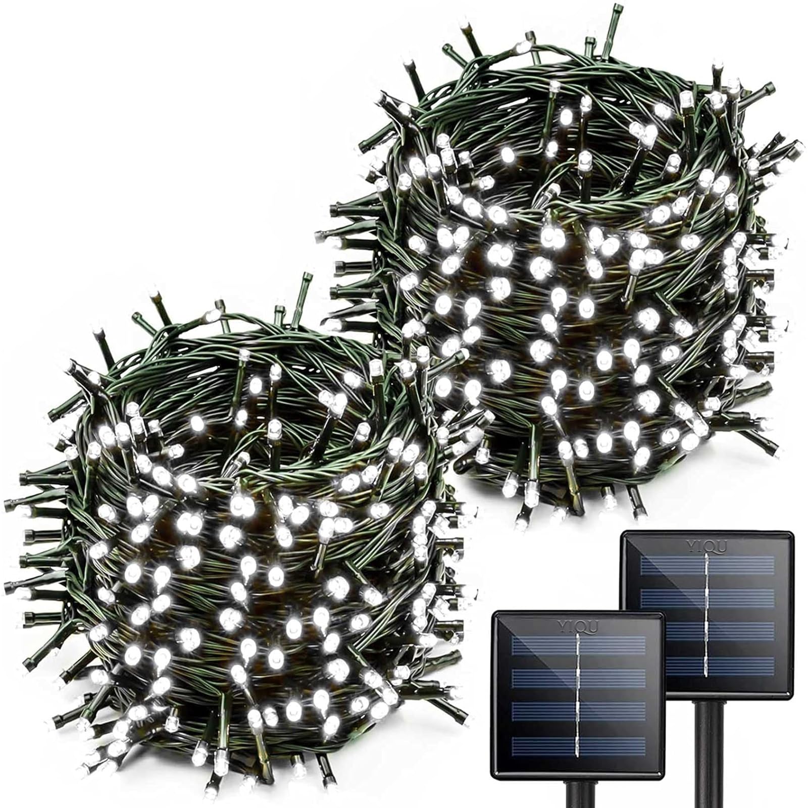 Yiqu White Extra-Long 2-Pack Each 72Ft 200 Led Solar String Lights Outdoor, Waterproof Green Wire 8 Lighting Modes Solar Christmas Lights For Garden Patio Tree Party Wedding Decorations (Cool White)