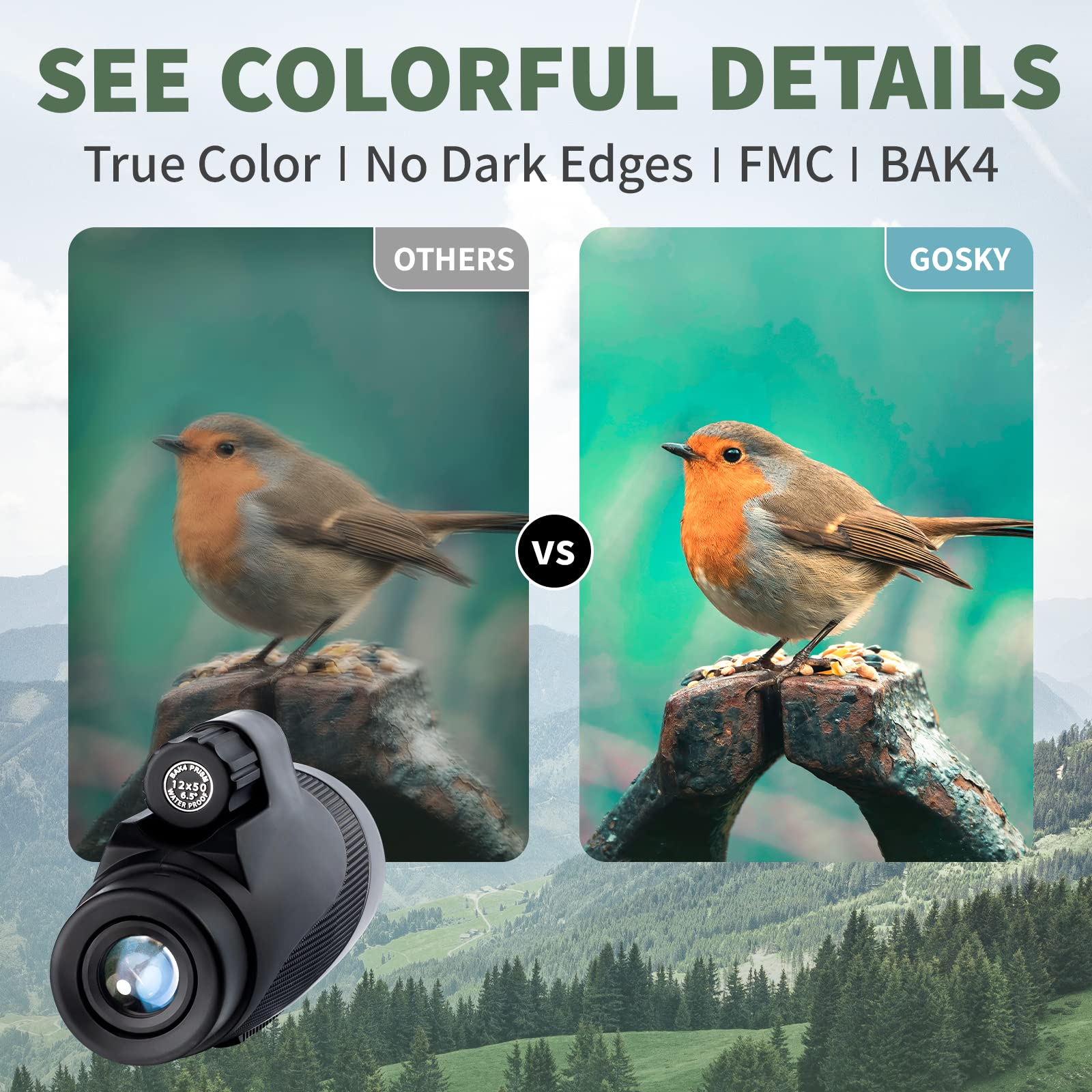 Gosky Titan 12X50 Monocular Telescope With Smartphone Holder - Waterproof Fog-Proof Shockproof Scope Bak-4 Prism Fmc For Bird Watching Hunting Camping Traveling Wildlife Scenery