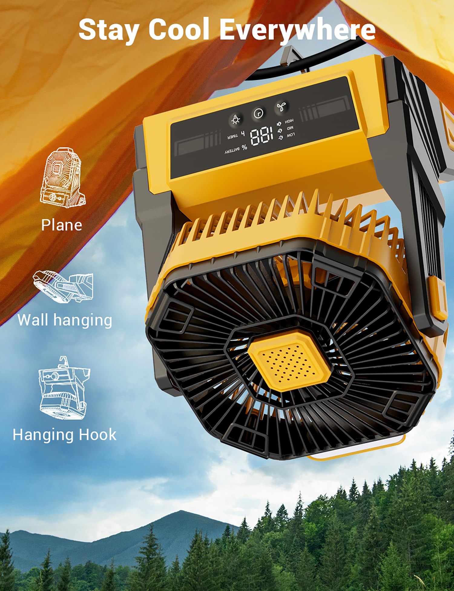Kopbeau Portable Camping Fan With Lights, 20000Mah Rechargeable Battery Operated Fan, Battery Power