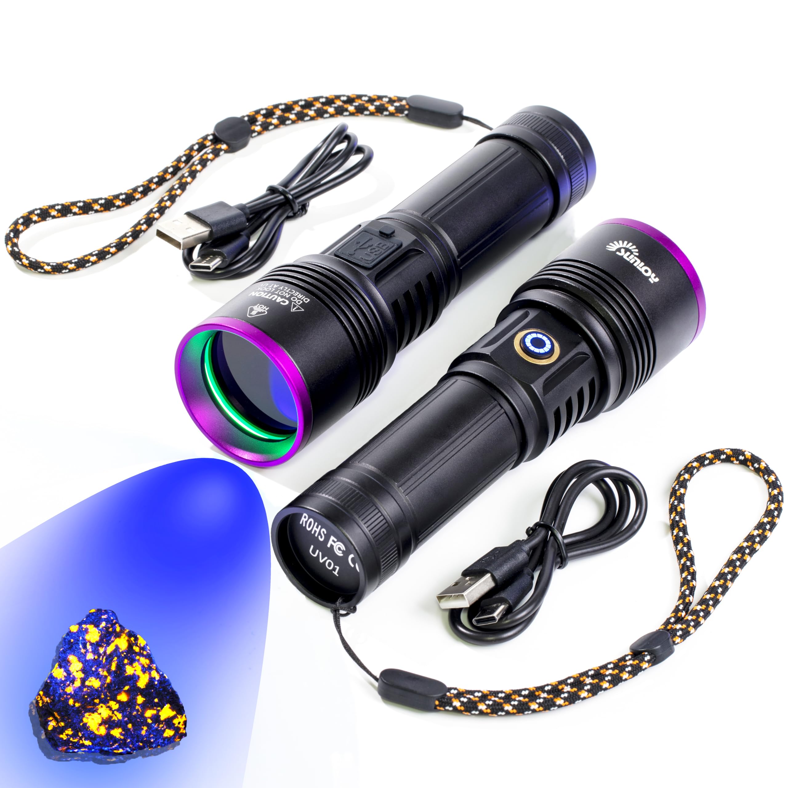 Sunloy 2 Pack Uv01 365Nm Uv Flashlight Black Light, Usb Rechargeable High Power Blacklight Flashlight, Professional 4 Core Led Uv Light For Pet Urine Detection, Resin Curing, Leak Detection, Rock Hunting