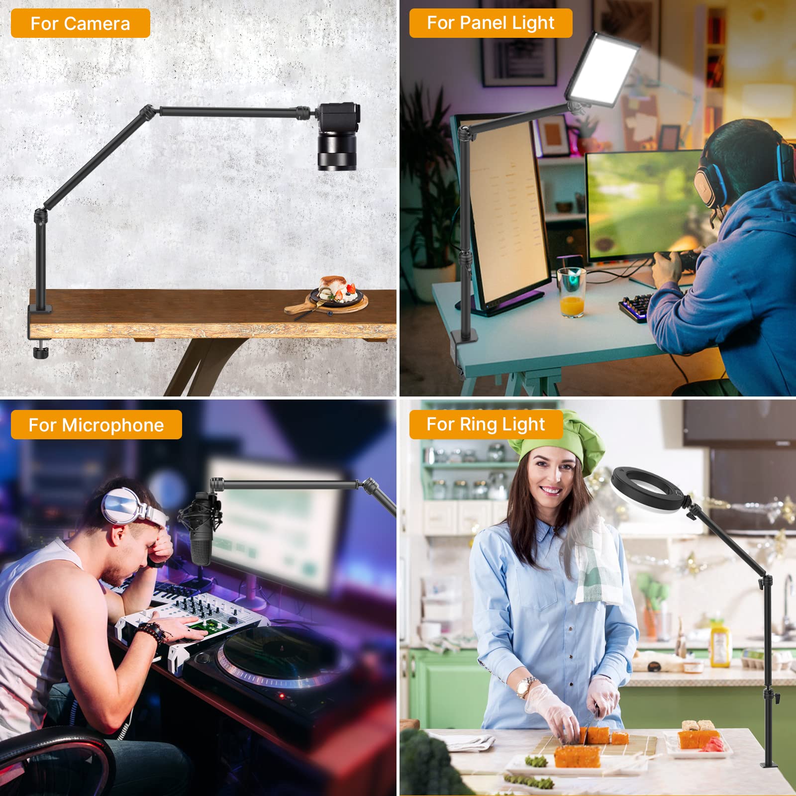 Pictron Vijim Ls08 Flexible Overhead Camera Mount Desk Stand, Webcam Stand Microphone Boom Arm Tabletop Photography Videography Live Stream Table Clamp Mount