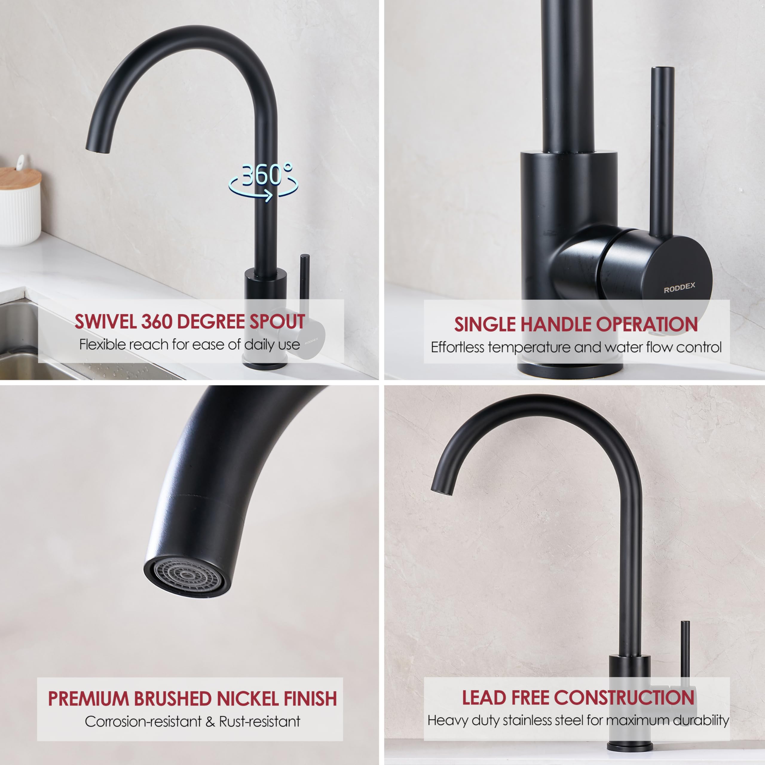 Roddex Bar Sink Faucet, Swivel One Handle Prep Bar Faucet Modern Stainless Steel High Arc Kitchen Faucets Single Hole Tall Faucets Rv Camper Laundry Outdoor Farmhouse Dishwasher, Matte Black