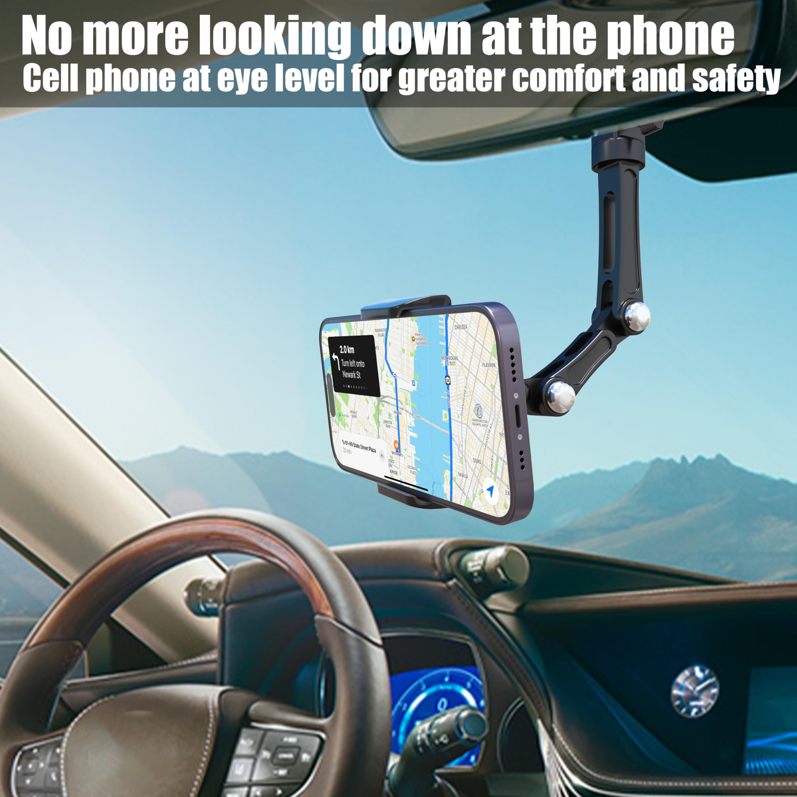 Penuspt Rearview Mirror Phone Holder,Phone Holder For Car Aluminum Alloy Mount Multi-Angle Adjustment Rotatable Retractable Universal Cell Phone Car Mount For All Phones