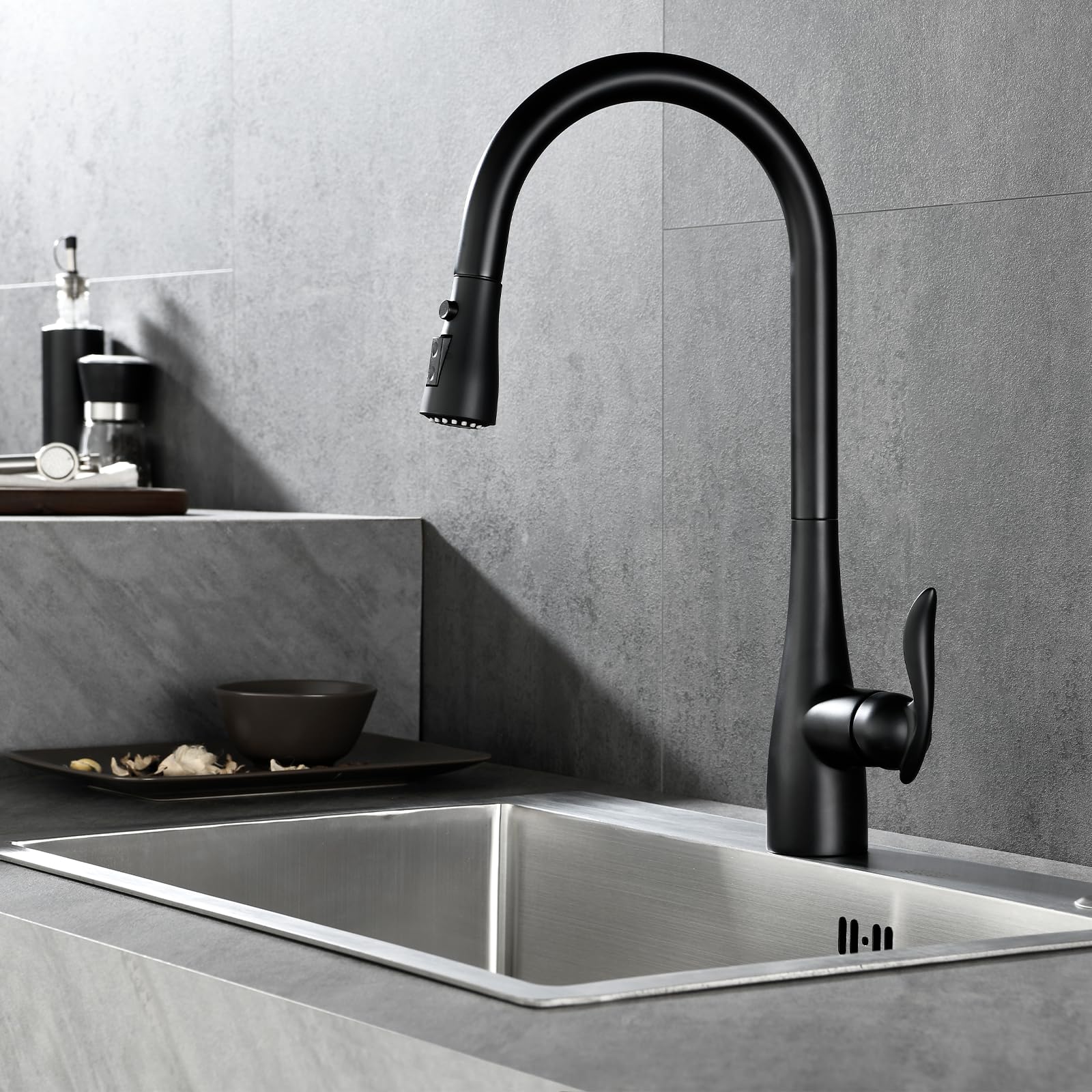 Aonebath Kitchen Faucets, Replacement For Moen Matte Black One-Handle Pulldown Kitchen Sink Faucet Featuring Power Boost For A Faster Clean, Black Kitchen Faucet With Pull Down Sprayer, 7594Bl
