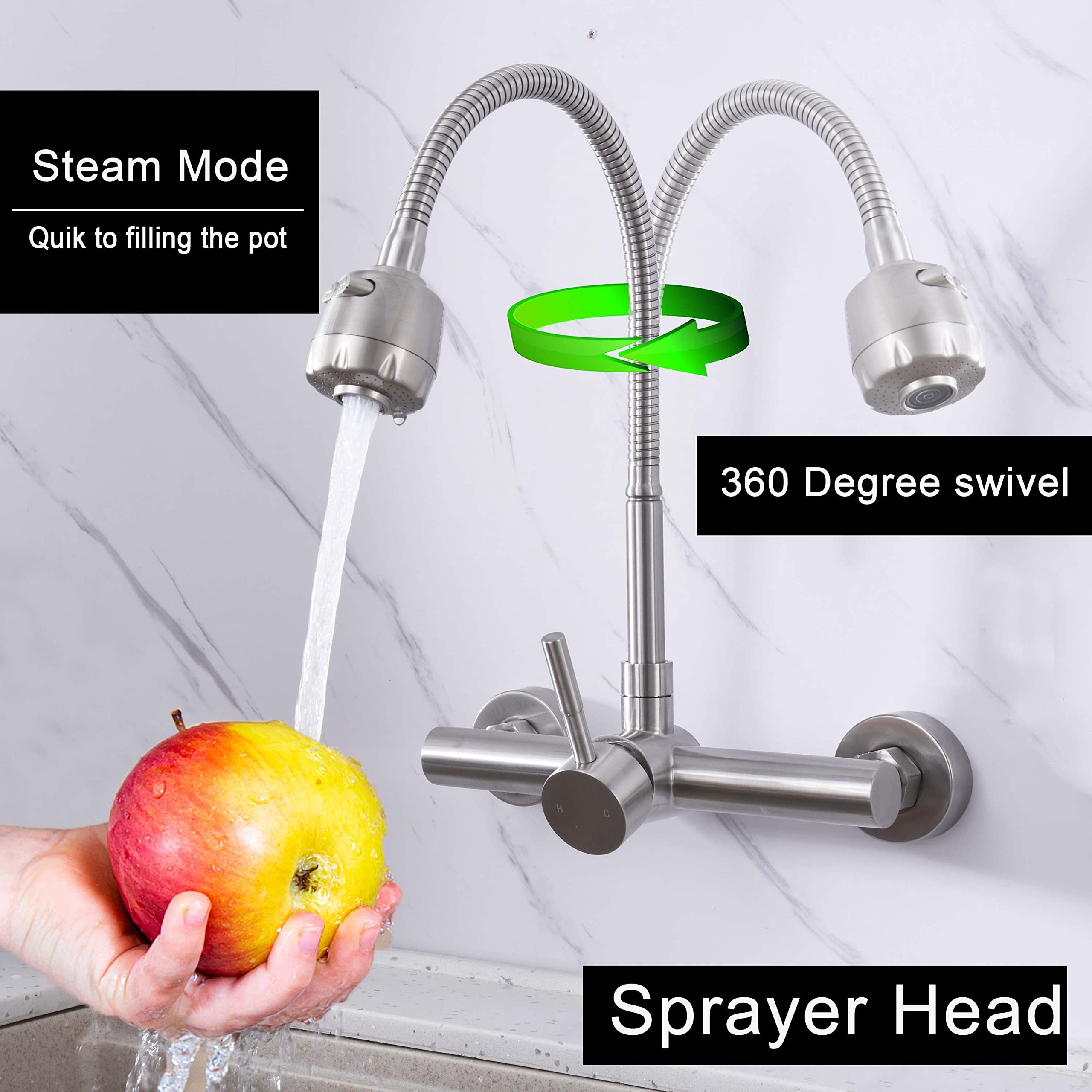 Hosilova Wall Mount Kitchen Faucet One Handle 8" Inch Center Commercial Sink Faucet With Stainless Steel Constructed Brushed Nickel Finish Commercial Kitchen Sink Faucet