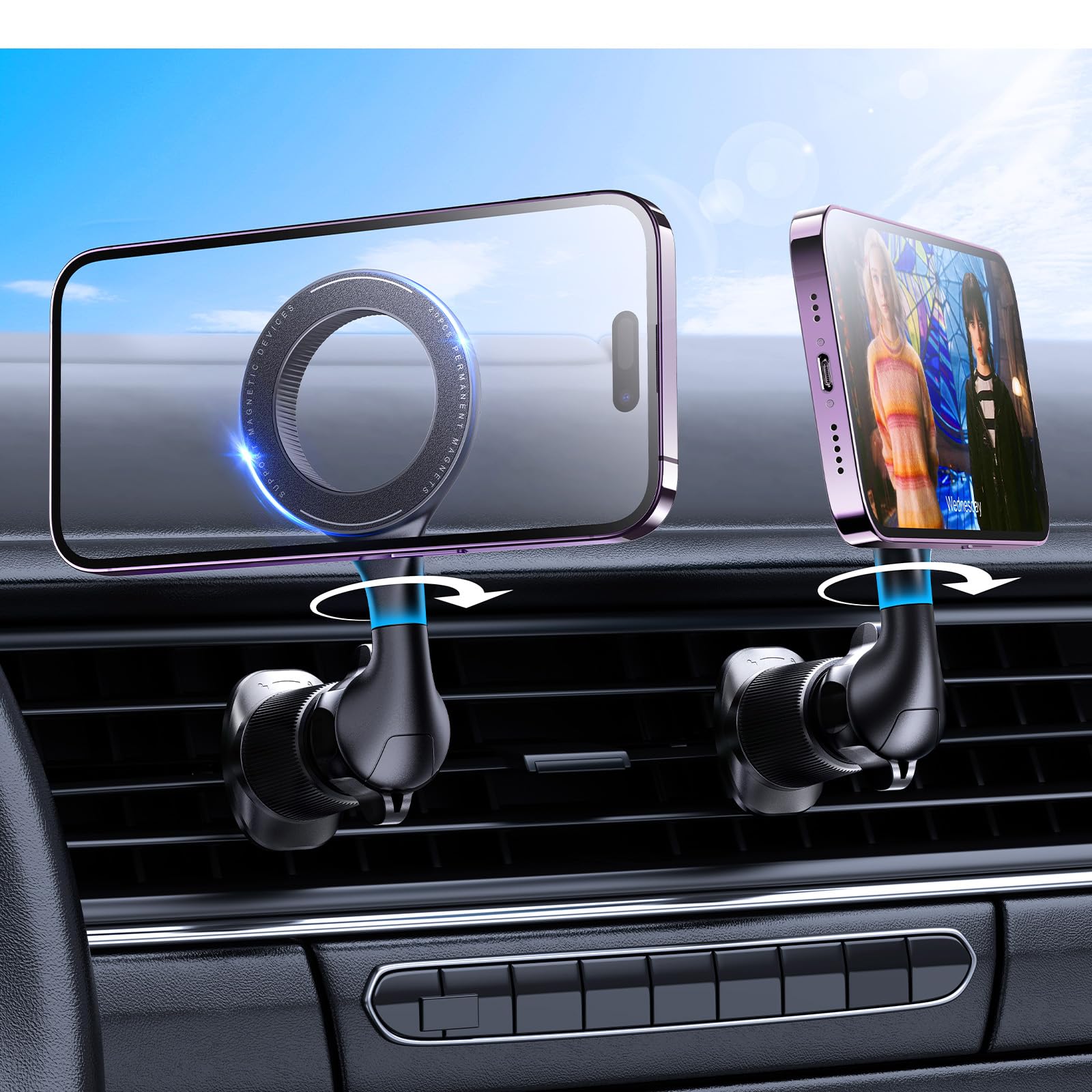 Tazeni Magnetic Car Mount For Iphone 14 Pro Max - 10X Stronger Magnet, 1080 Adjustable & Flexible, Never Block Your Vent, Exclusive Dual-Triangle Hook, Easy Use In 0.01S