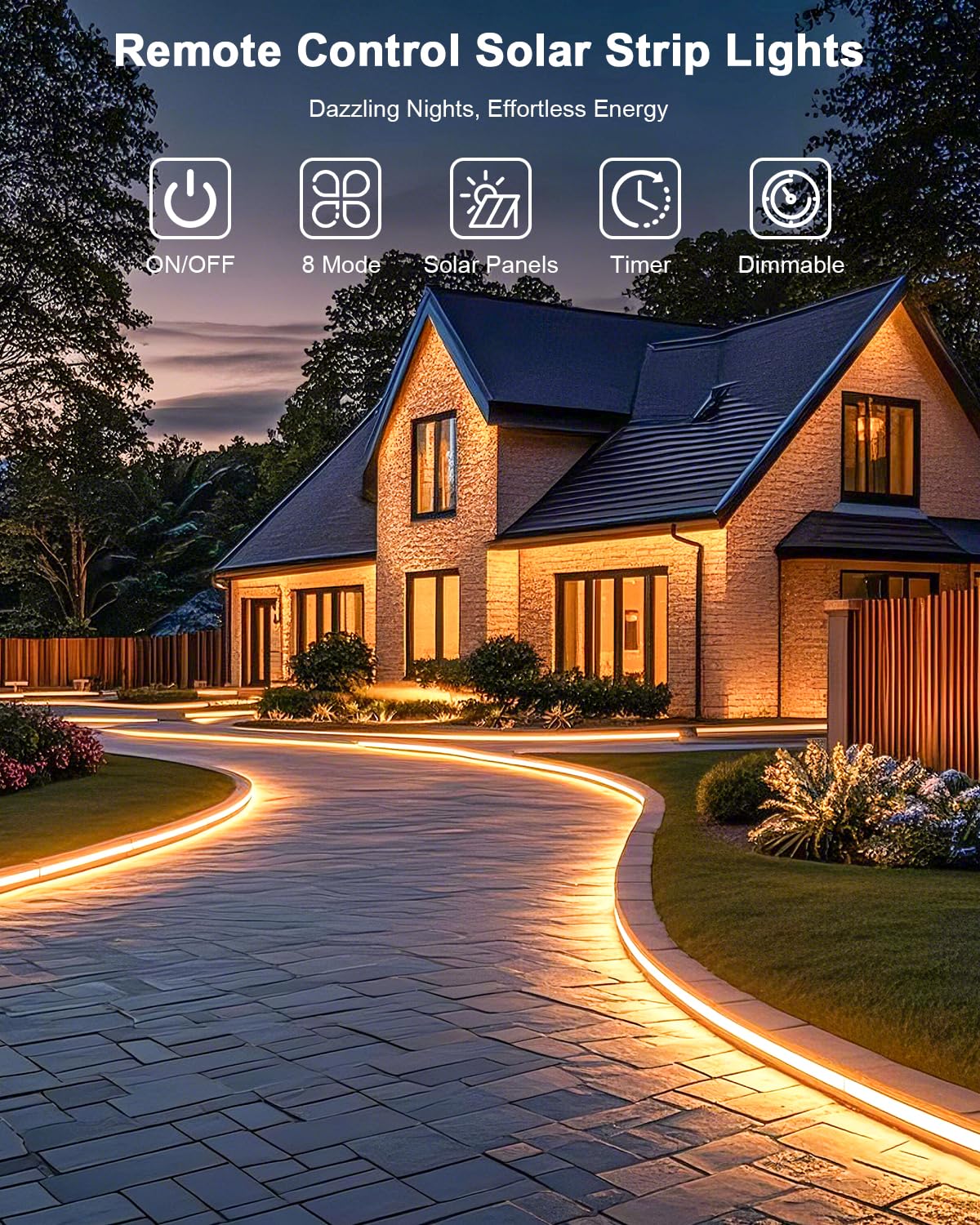 Meewata 40Ft Solar Led Strip Lights Outdoor, 8 Mode With Remote Timer And Auto On/Off, Self-Adhesive Waterproof, Great For Yard, Garden, Stair And Sidewalk Decor, Warm White