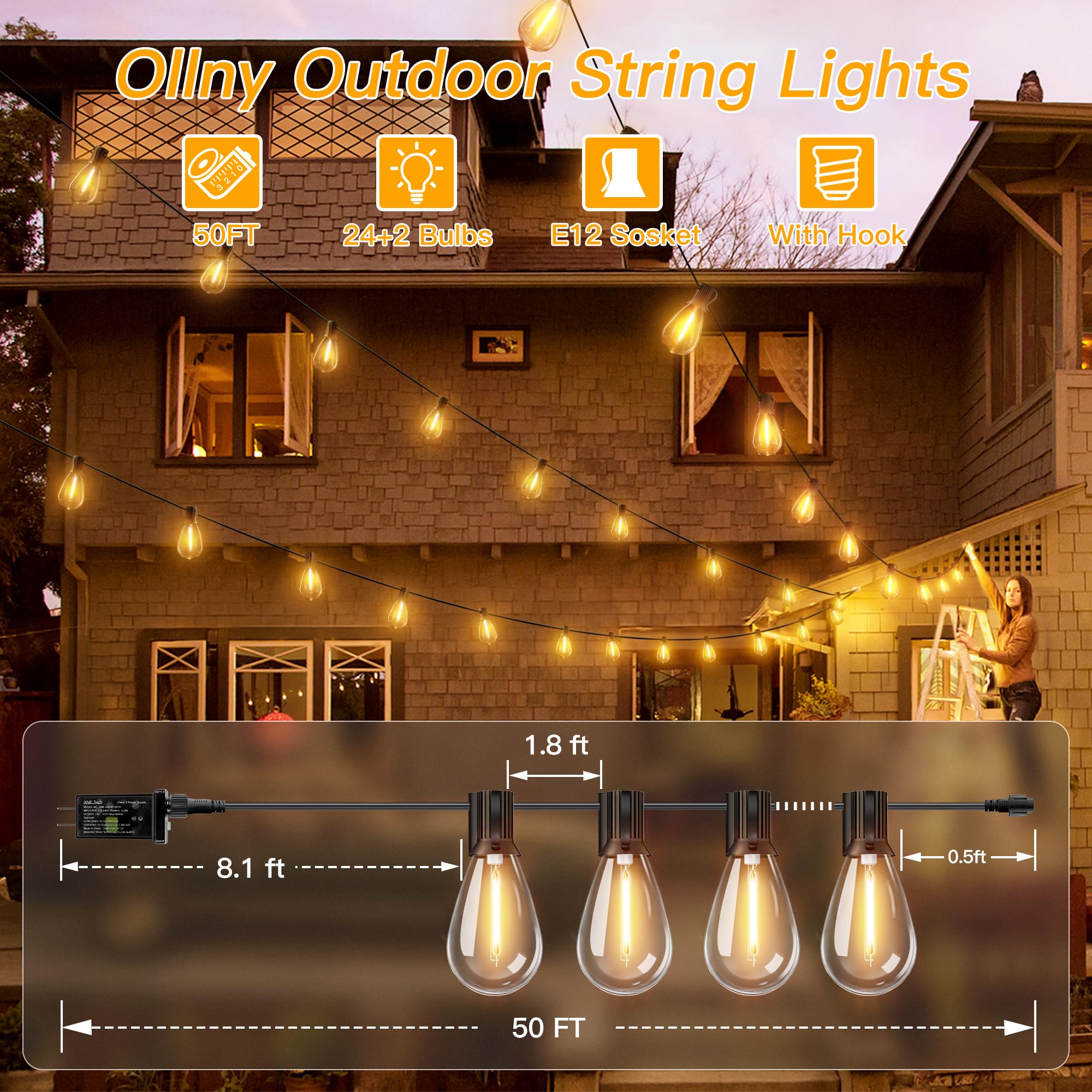 Ollny S11 50Ft Outdoor String Lights With Remote, 3 Modes Dimmable Timers Waterproof Connectable Outside Lights, 24+2 Led Spare Bulbs Dusk To Dawn Hanging Light For Yard Balcony Camping Gazebo Garden